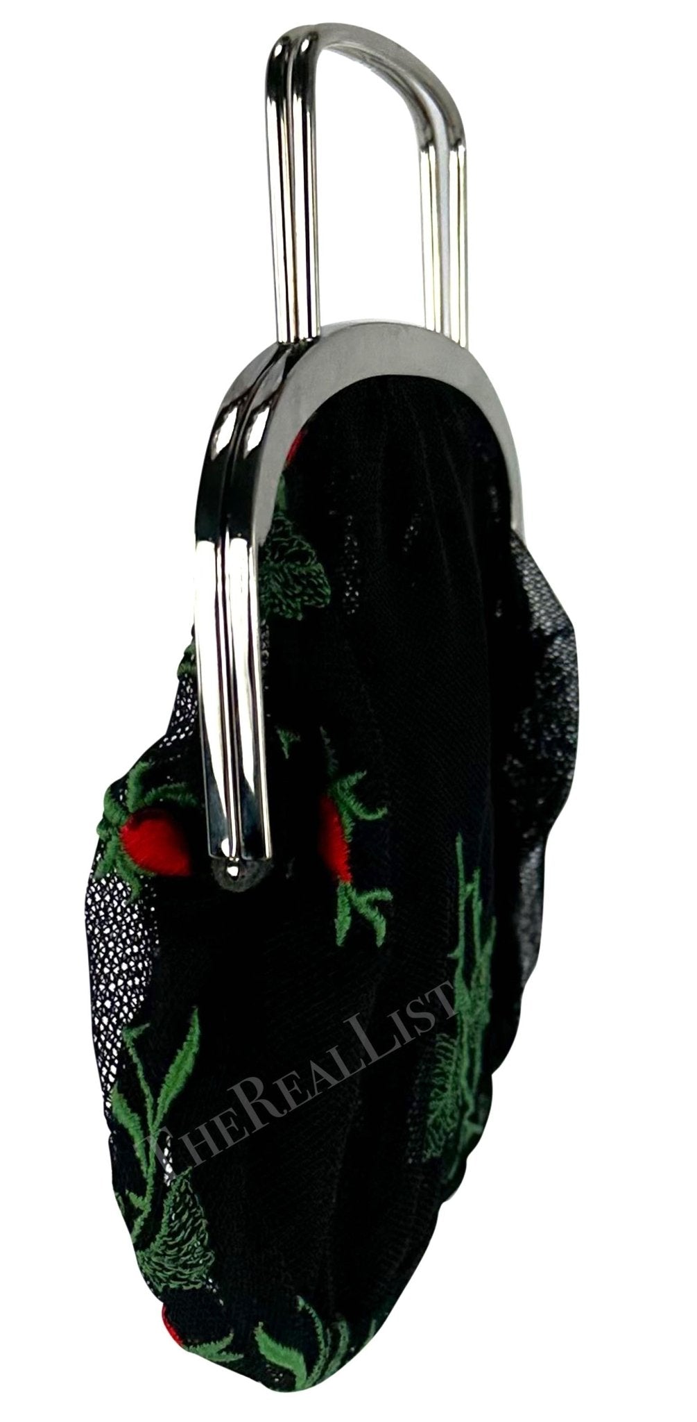 1990s Dolce & Gabbana Black Mesh Red Embroidered Floral Mini Evening Bag - RealList
