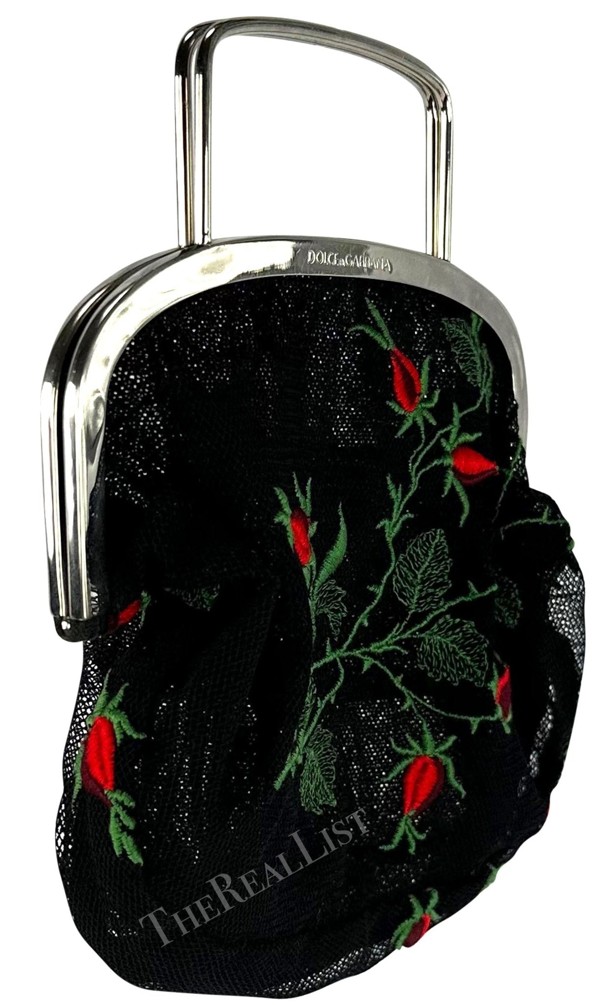 1990s Dolce & Gabbana Black Mesh Red Embroidered Floral Mini Evening Bag - RealList