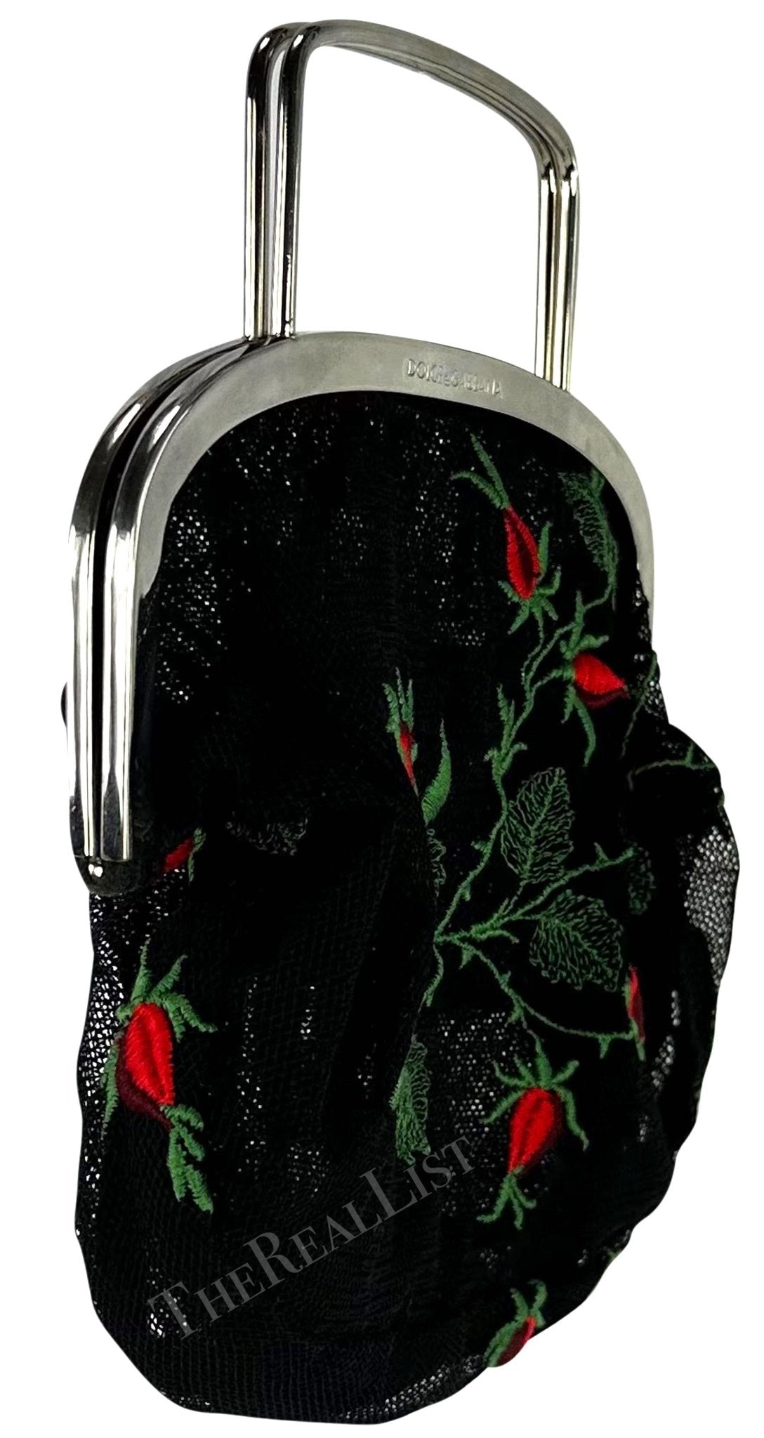 1990s Dolce & Gabbana Black Mesh Red Embroidered Floral Mini Evening Bag - RealList