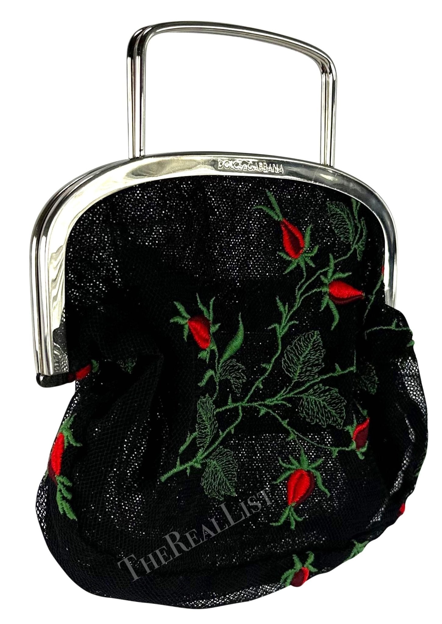 1990s Dolce & Gabbana Black Mesh Red Embroidered Floral Mini Evening Bag - RealList