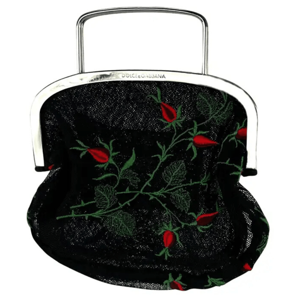 1990s Dolce & Gabbana Black Mesh Red Embroidered Floral Mini Evening Bag - RealList