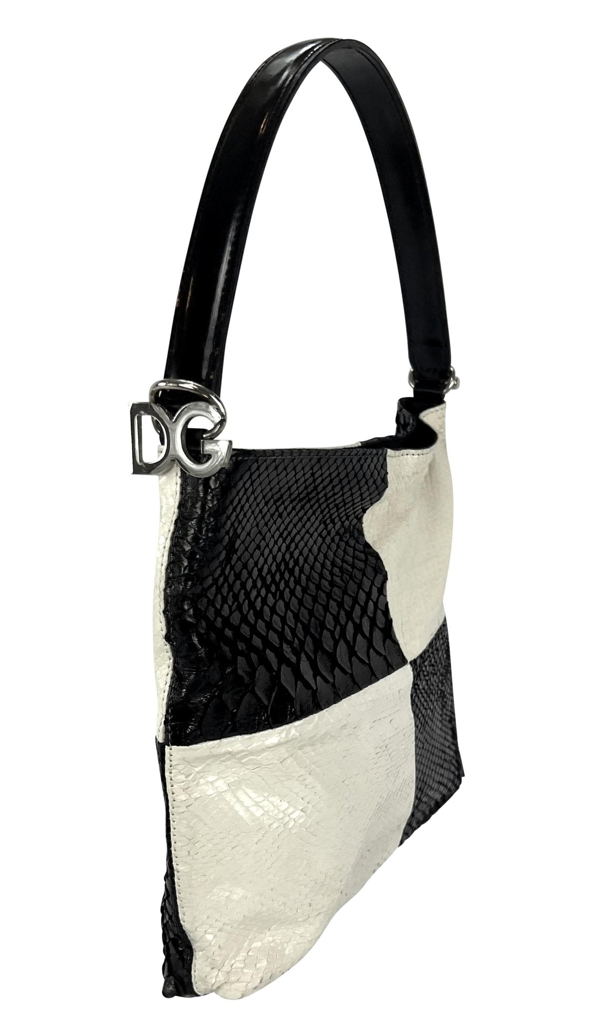 1990s Dolce & Gabbana Black White Colorblock Genuine Python DG Logo Shoulder Bag - RealList