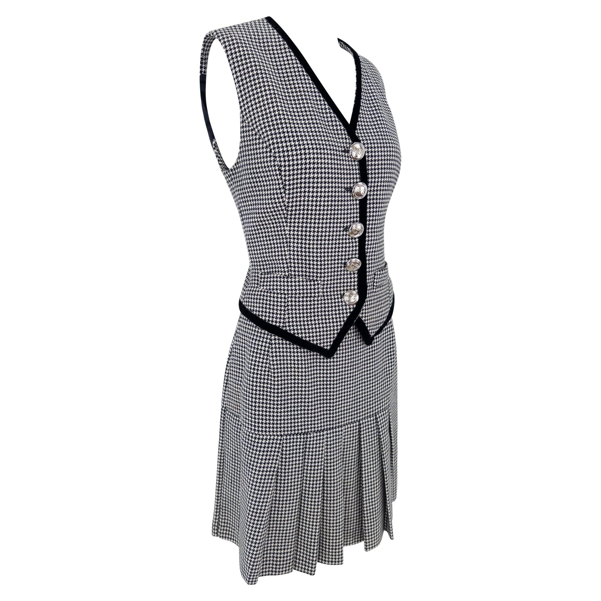 1990s Dolce & Gabbana Black White Houndstooth Pleated Skirt Vest Set - RealList