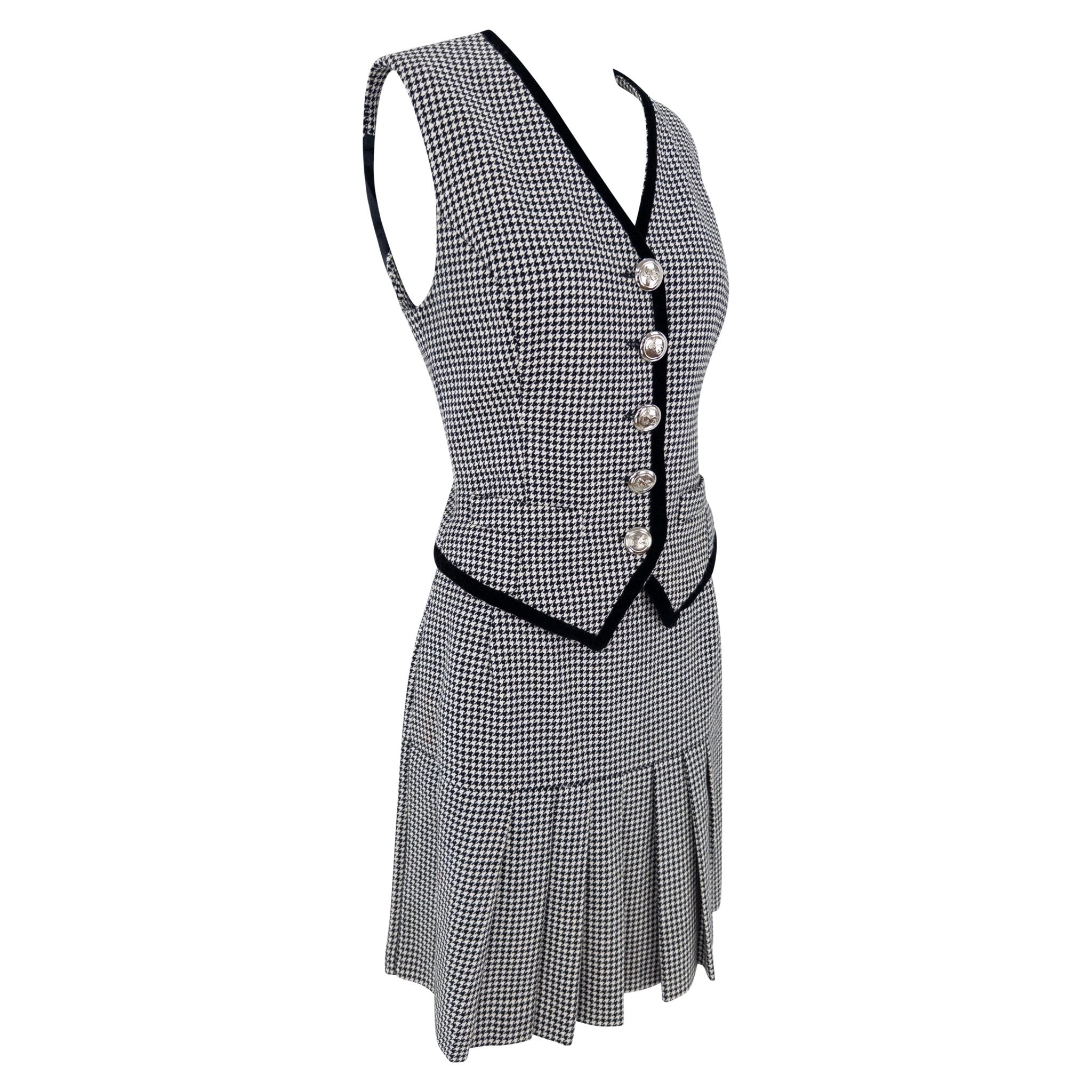 1990s Dolce & Gabbana Black White Houndstooth Pleated Skirt Vest Set - RealList