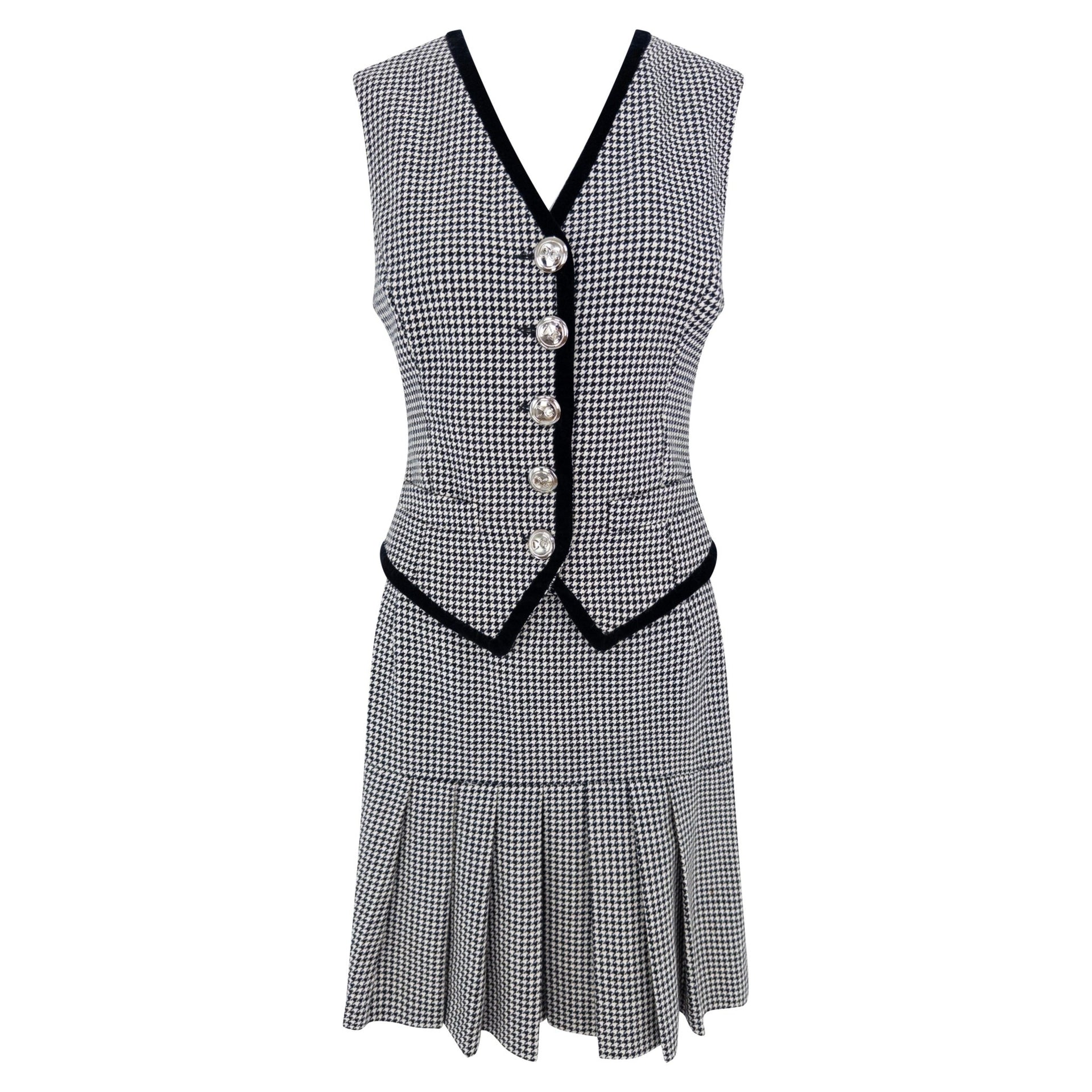 1990s Dolce & Gabbana Black White Houndstooth Pleated Skirt Vest Set - RealList
