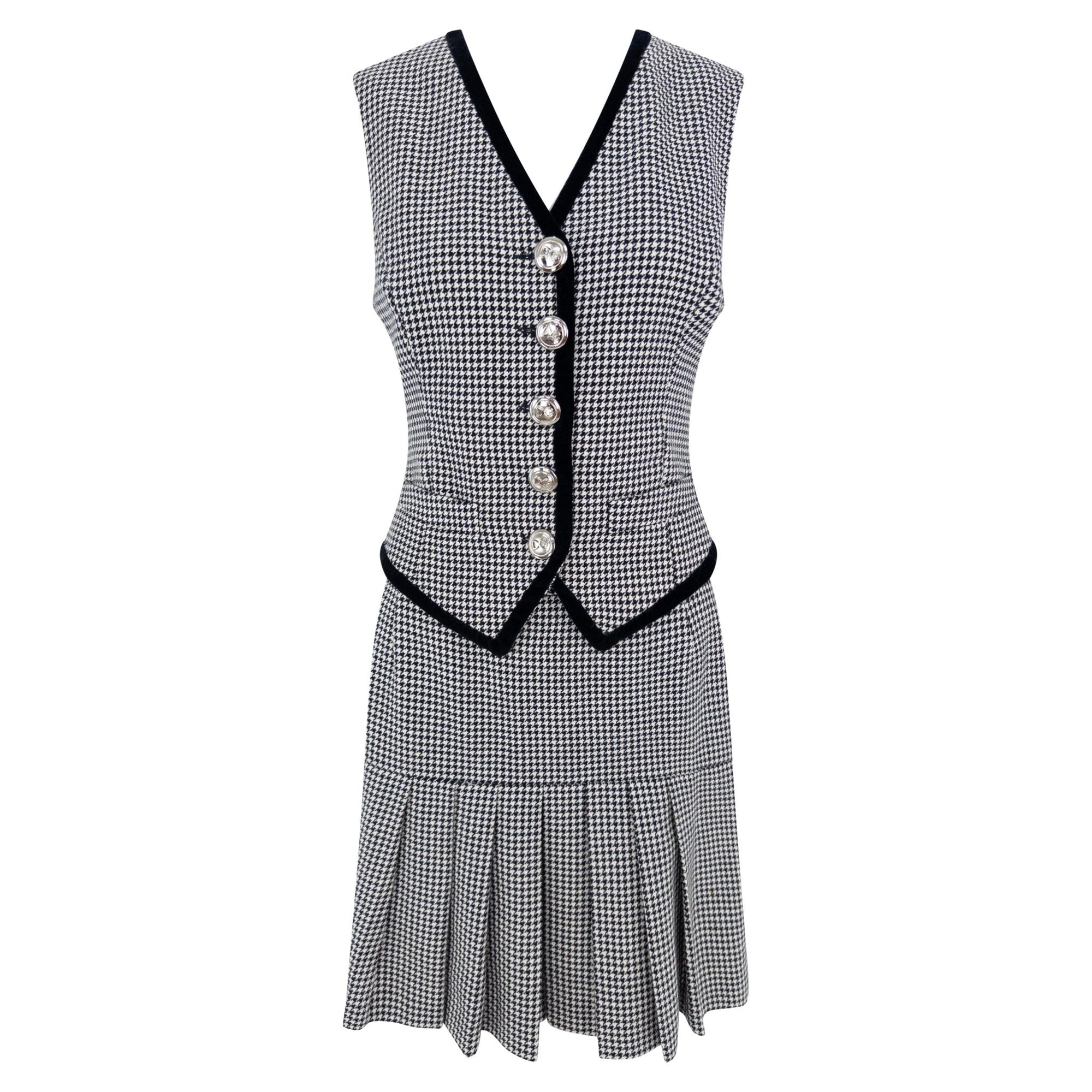 1990s Dolce & Gabbana Black White Houndstooth Pleated Skirt Vest Set - RealList