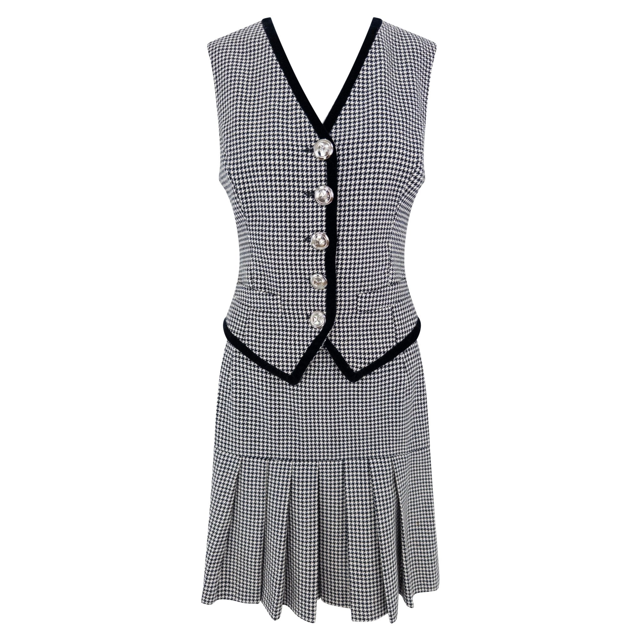 1990s Dolce & Gabbana Black White Houndstooth Pleated Skirt Vest Set - RealList