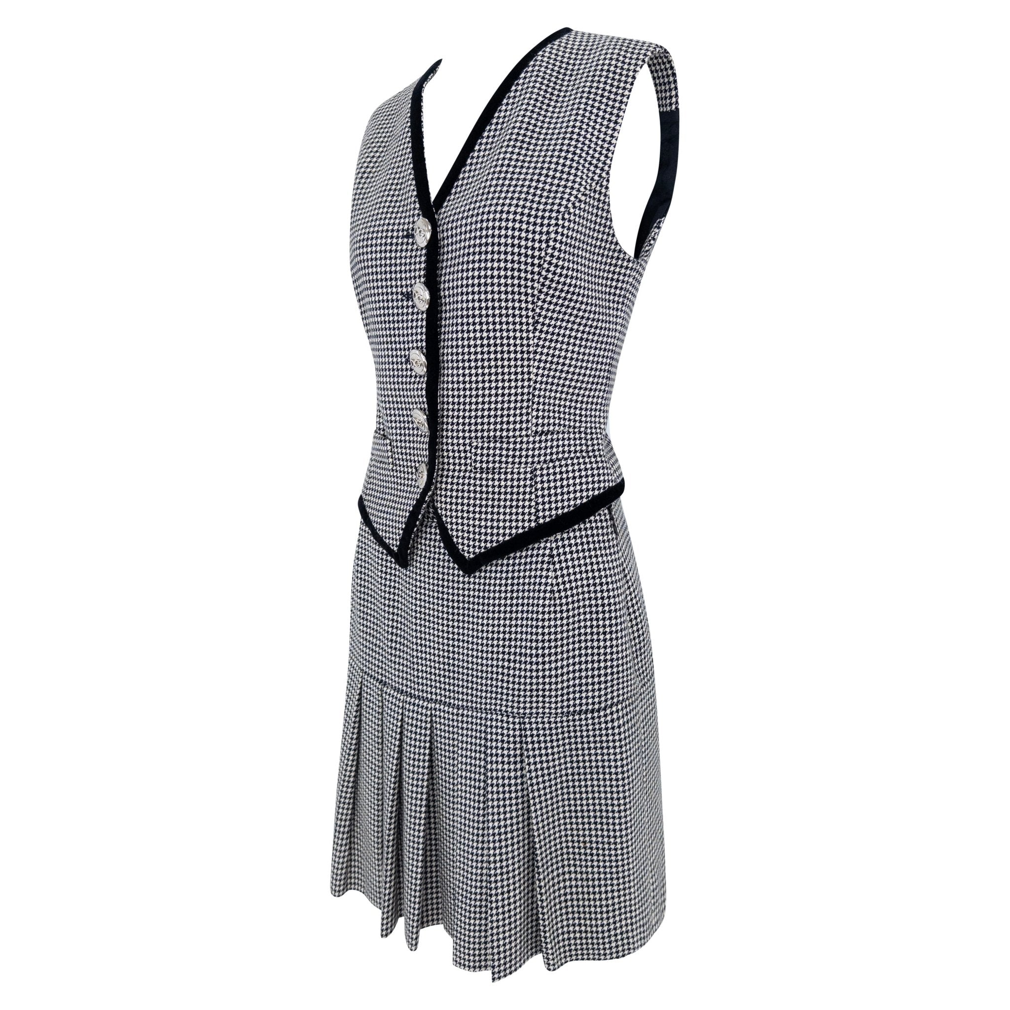 1990s Dolce & Gabbana Black White Houndstooth Pleated Skirt Vest Set - RealList