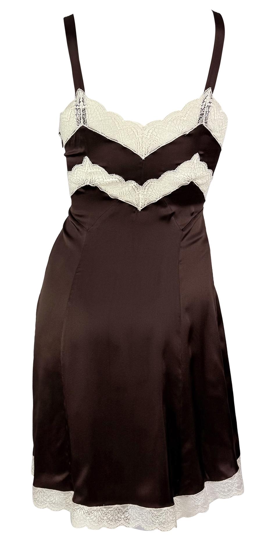 1990s Dolce & Gabbana Brown Satin White Lace Trim Mini Slip Dress - RealList