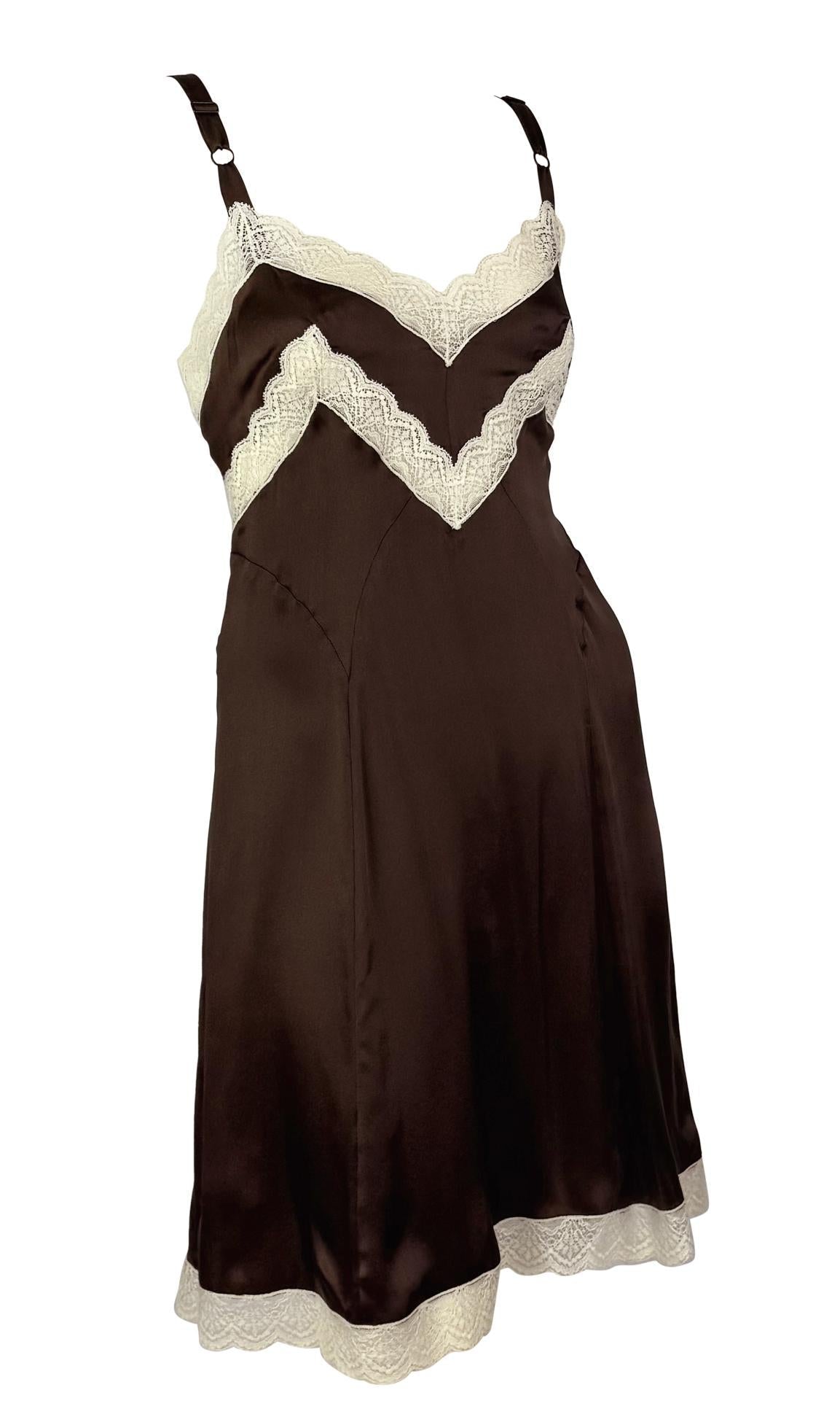 1990s Dolce & Gabbana Brown Satin White Lace Trim Mini Slip Dress - RealList