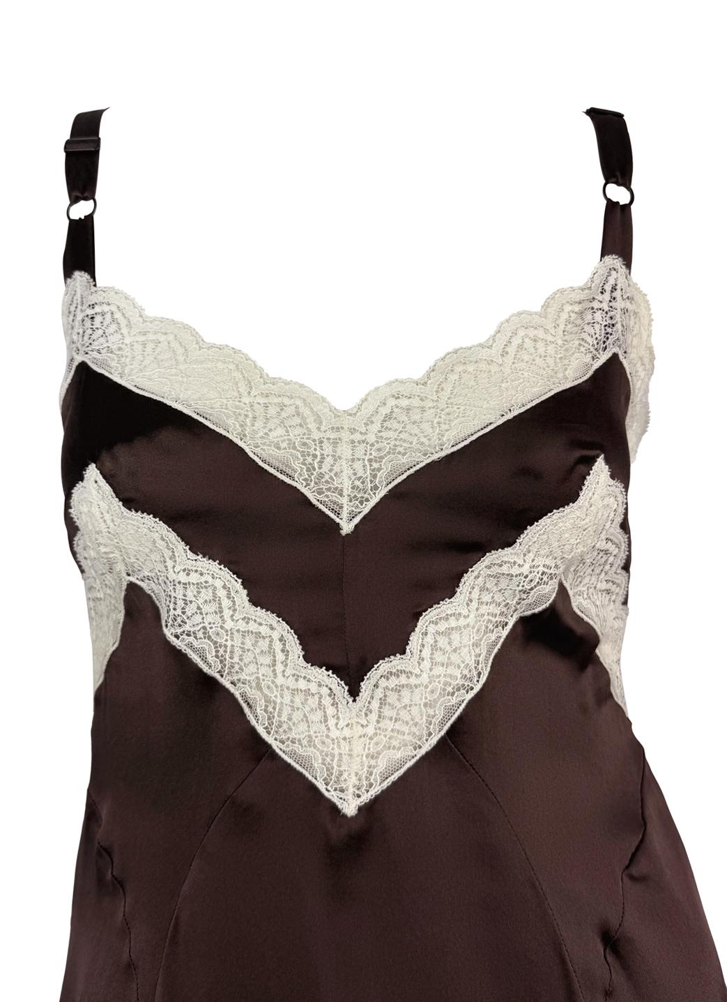 1990s Dolce & Gabbana Brown Satin White Lace Trim Mini Slip Dress - RealList