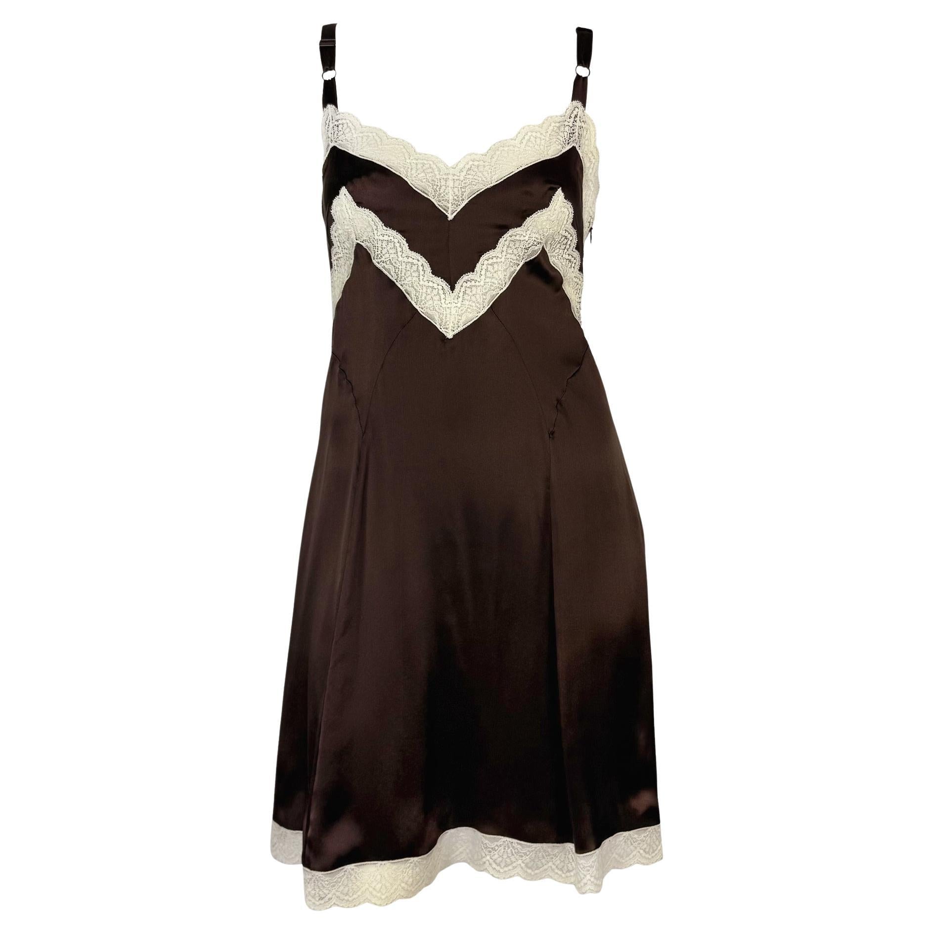 1990s Dolce & Gabbana Brown Satin White Lace Trim Mini Slip Dress - RealList