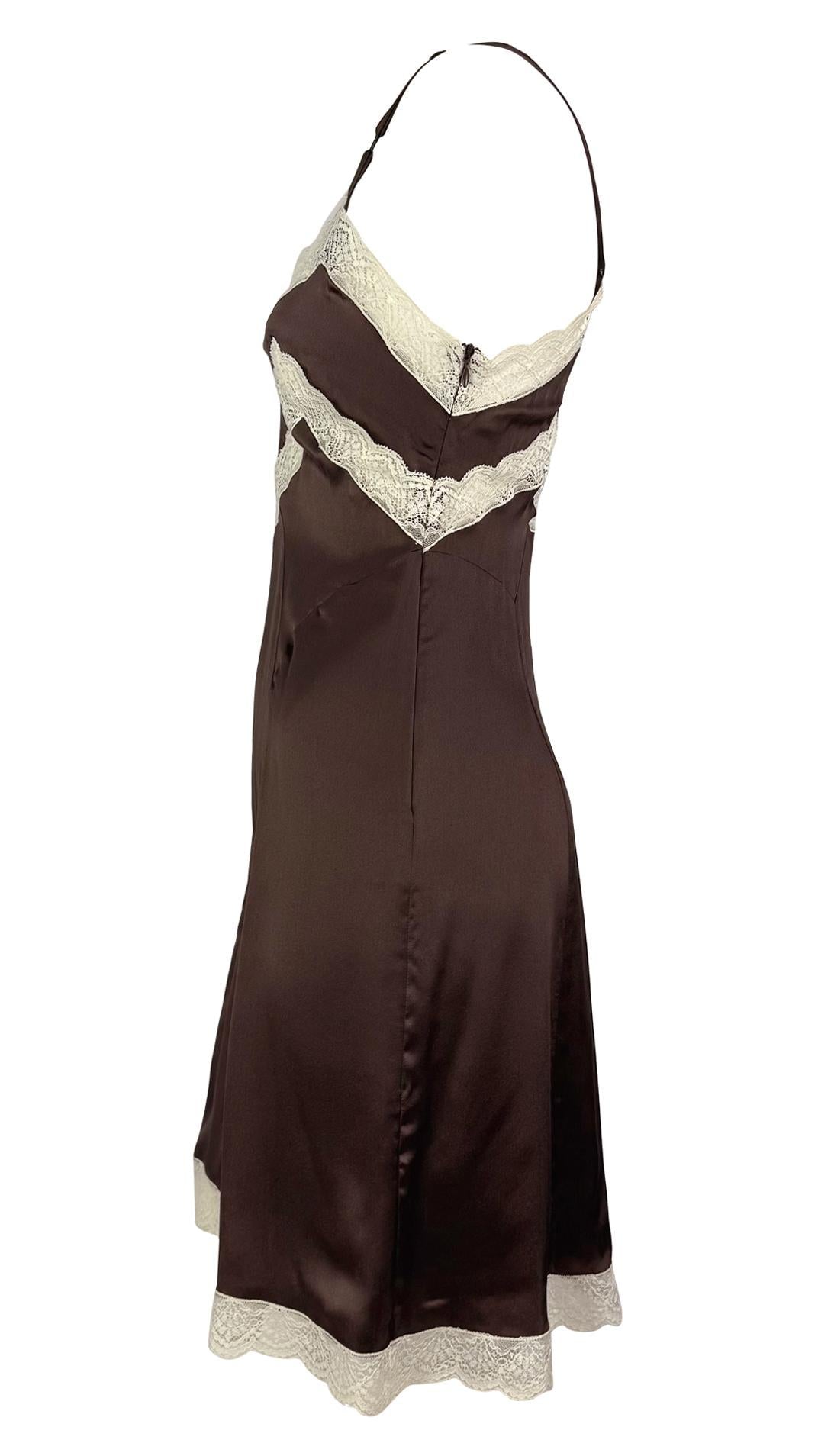 1990s Dolce & Gabbana Brown Satin White Lace Trim Mini Slip Dress - RealList