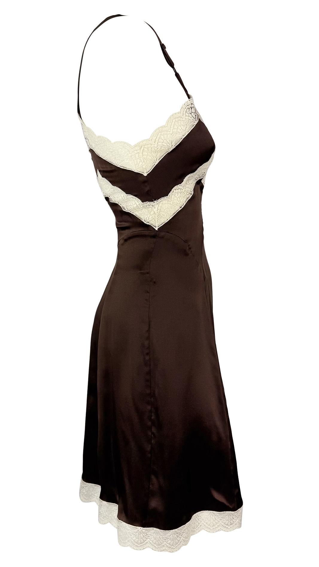 1990s Dolce & Gabbana Brown Satin White Lace Trim Mini Slip Dress - RealList