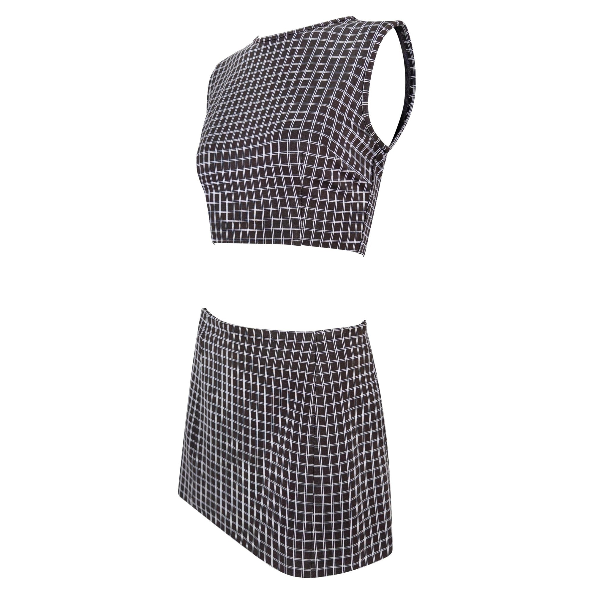 1990s Dolce & Gabbana Brown White Windowpane Crop Top Mini Skirt Set - RealList