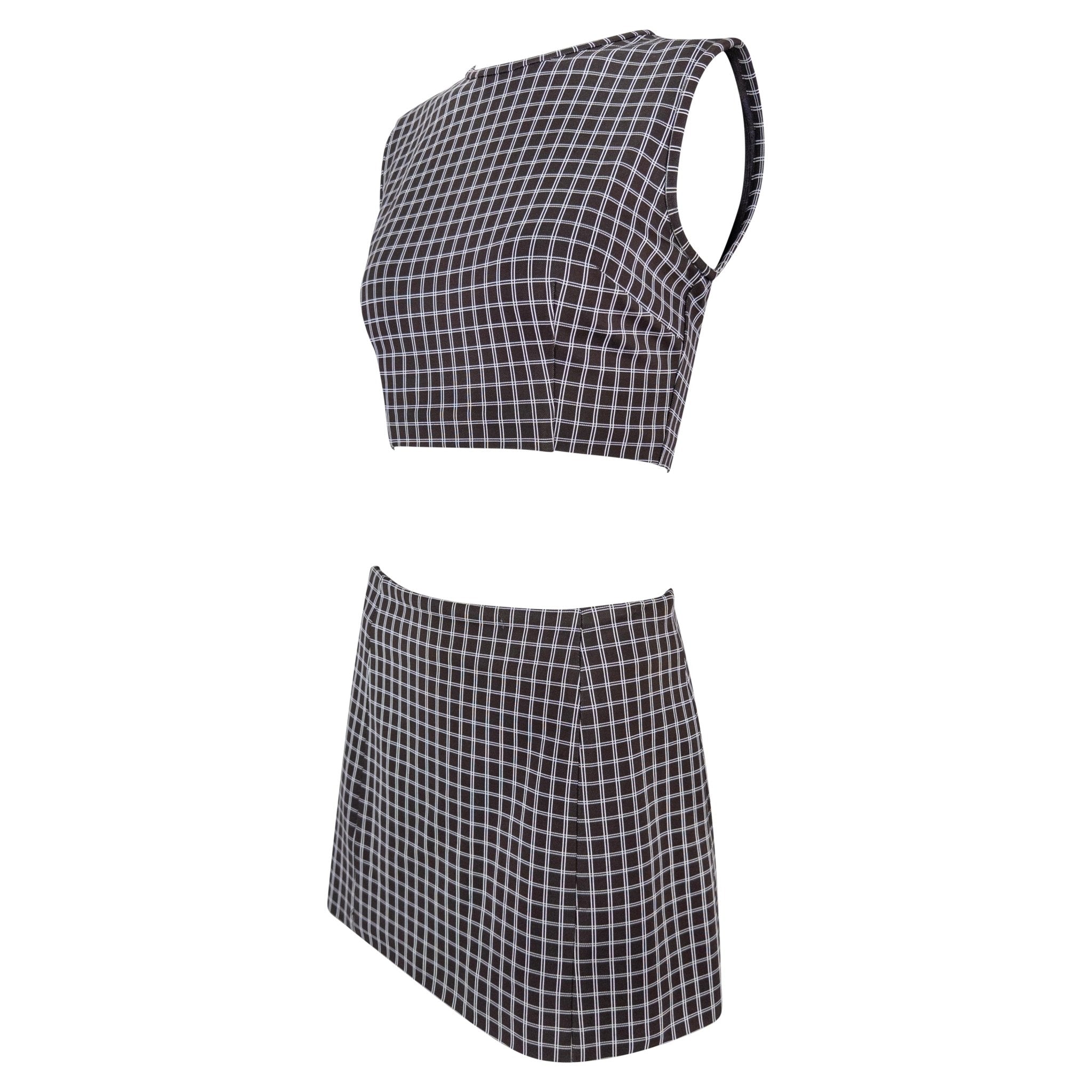 1990s Dolce & Gabbana Brown White Windowpane Crop Top Mini Skirt Set - RealList