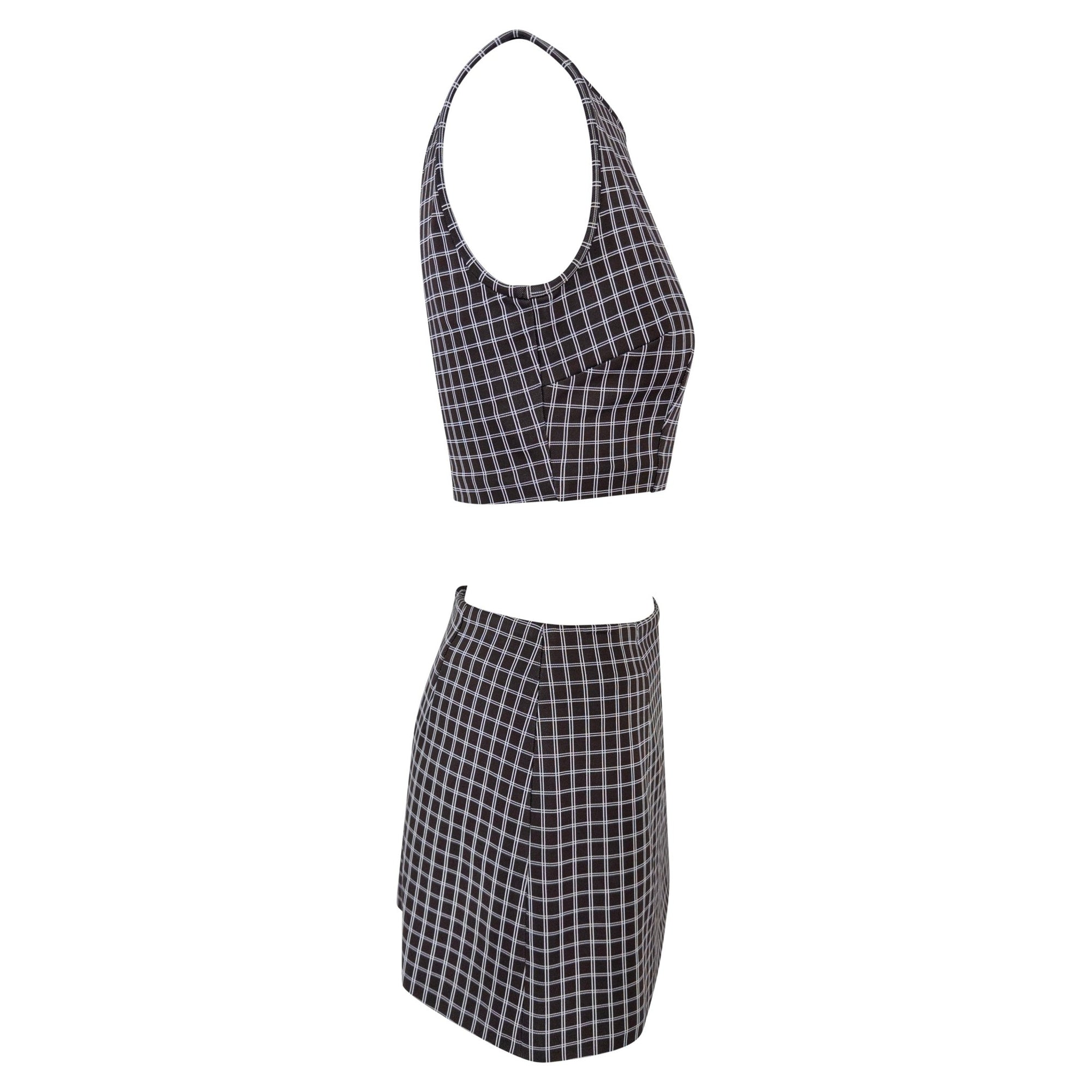 1990s Dolce & Gabbana Brown White Windowpane Crop Top Mini Skirt Set - RealList