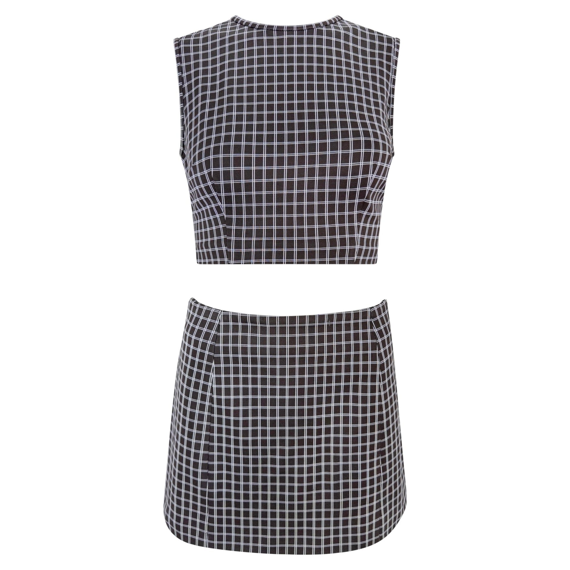 1990s Dolce & Gabbana Brown White Windowpane Crop Top Mini Skirt Set - RealList