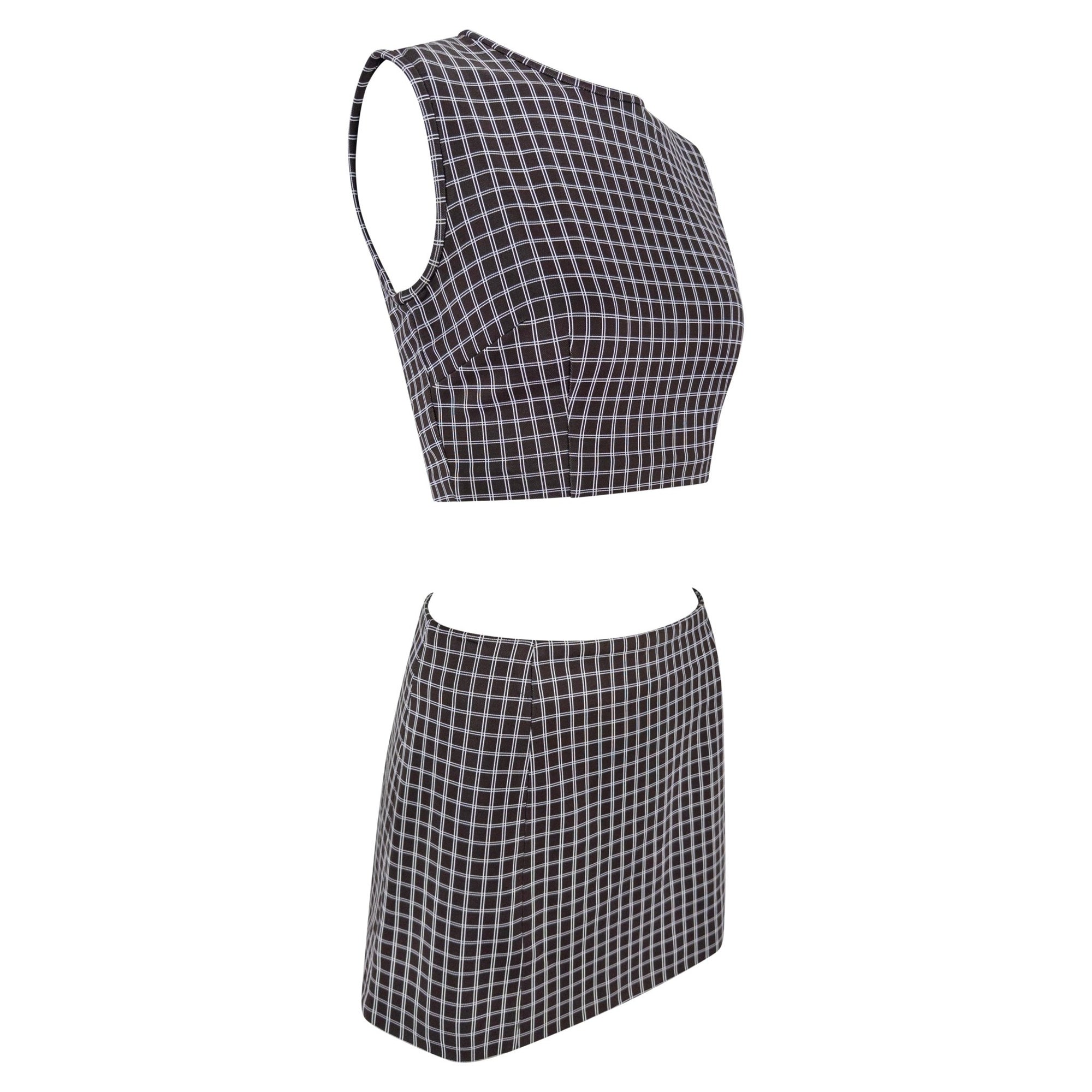 1990s Dolce & Gabbana Brown White Windowpane Crop Top Mini Skirt Set - RealList