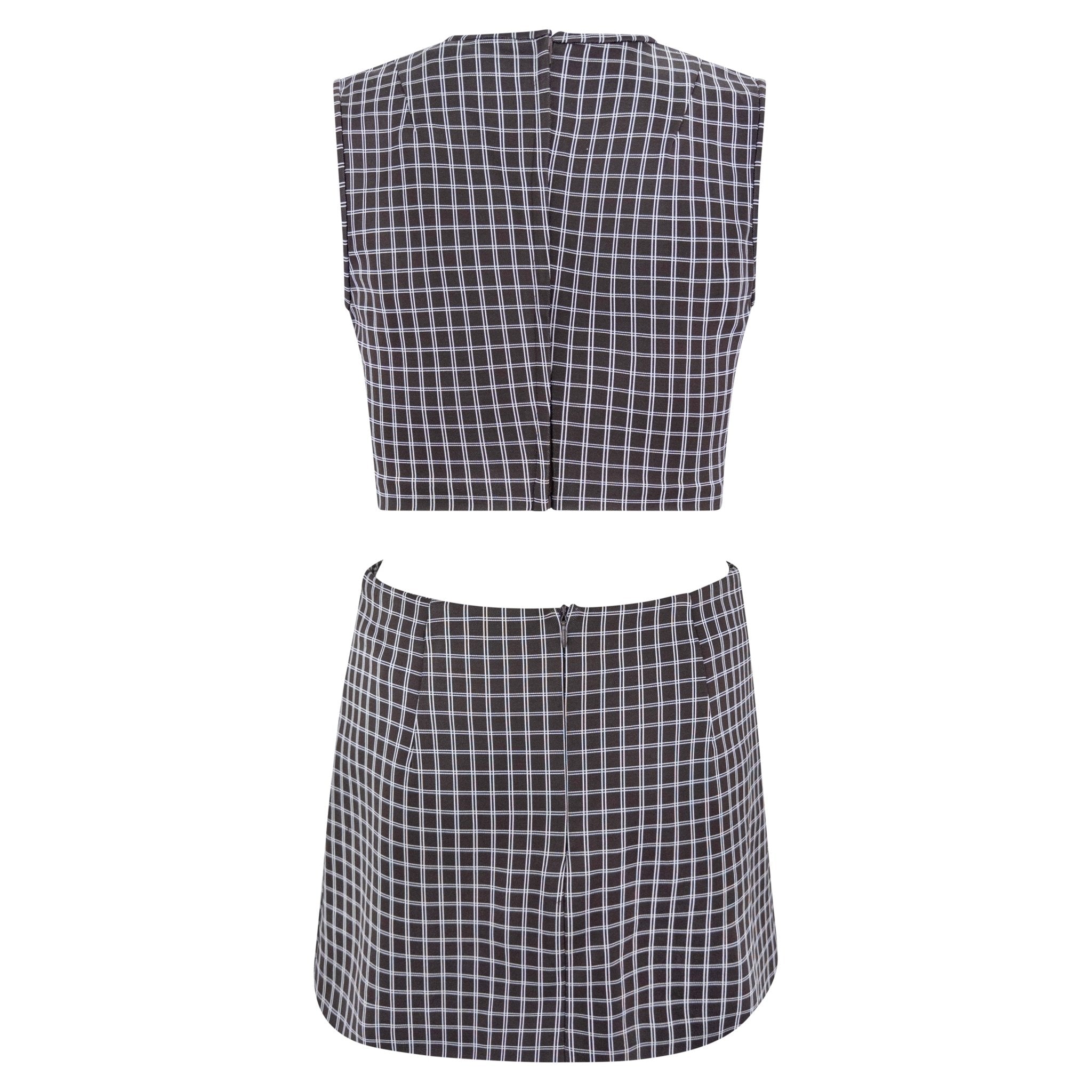 1990s Dolce & Gabbana Brown White Windowpane Crop Top Mini Skirt Set - RealList