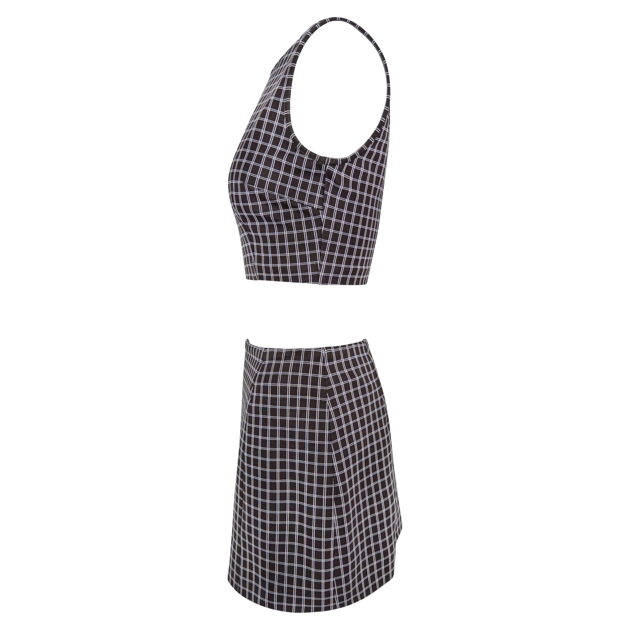 1990s Dolce & Gabbana Brown White Windowpane Crop Top Mini Skirt Set - RealList