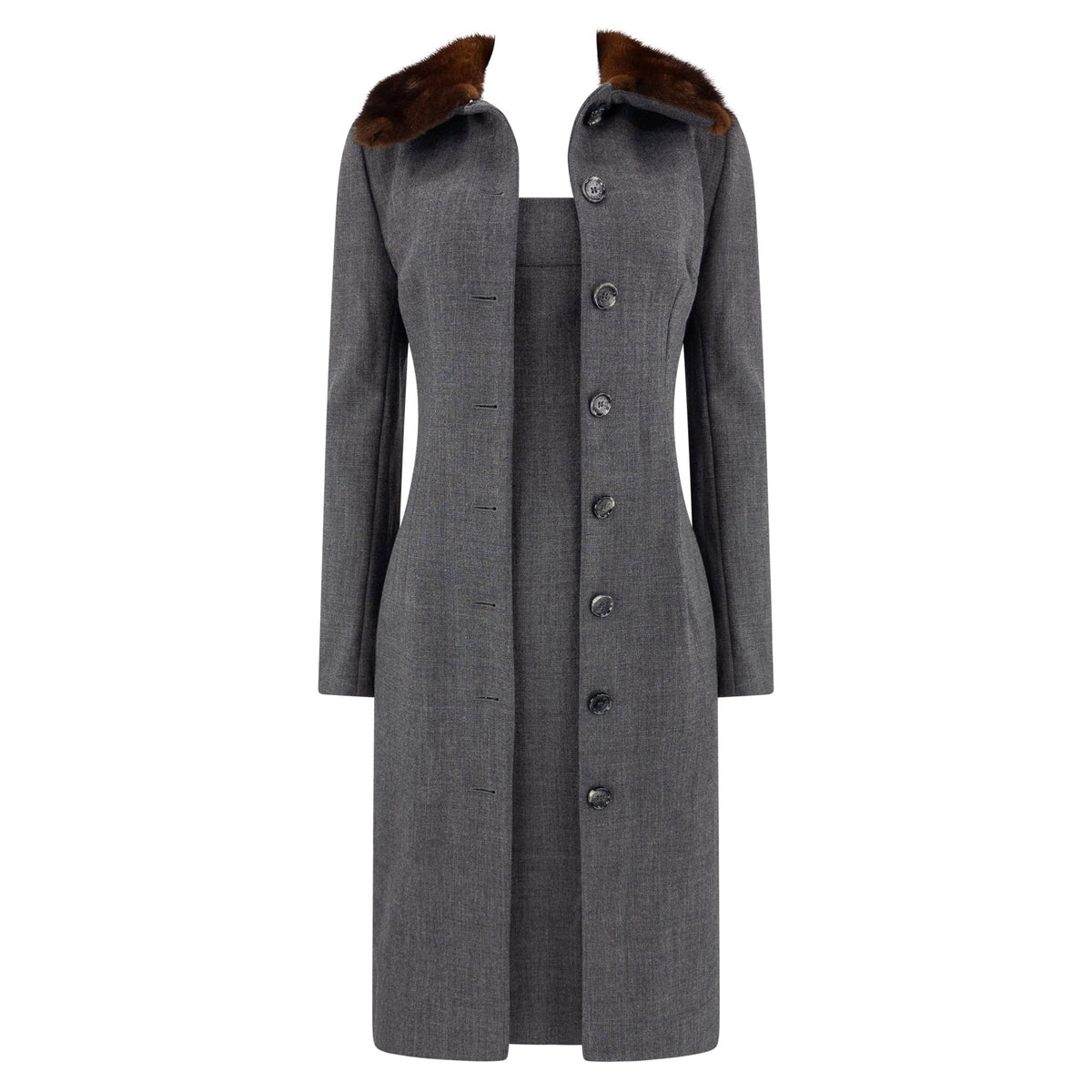 1990s Dolce & Gabbana Charcoal Wool Mink Trim Coat Dress Set - RealList