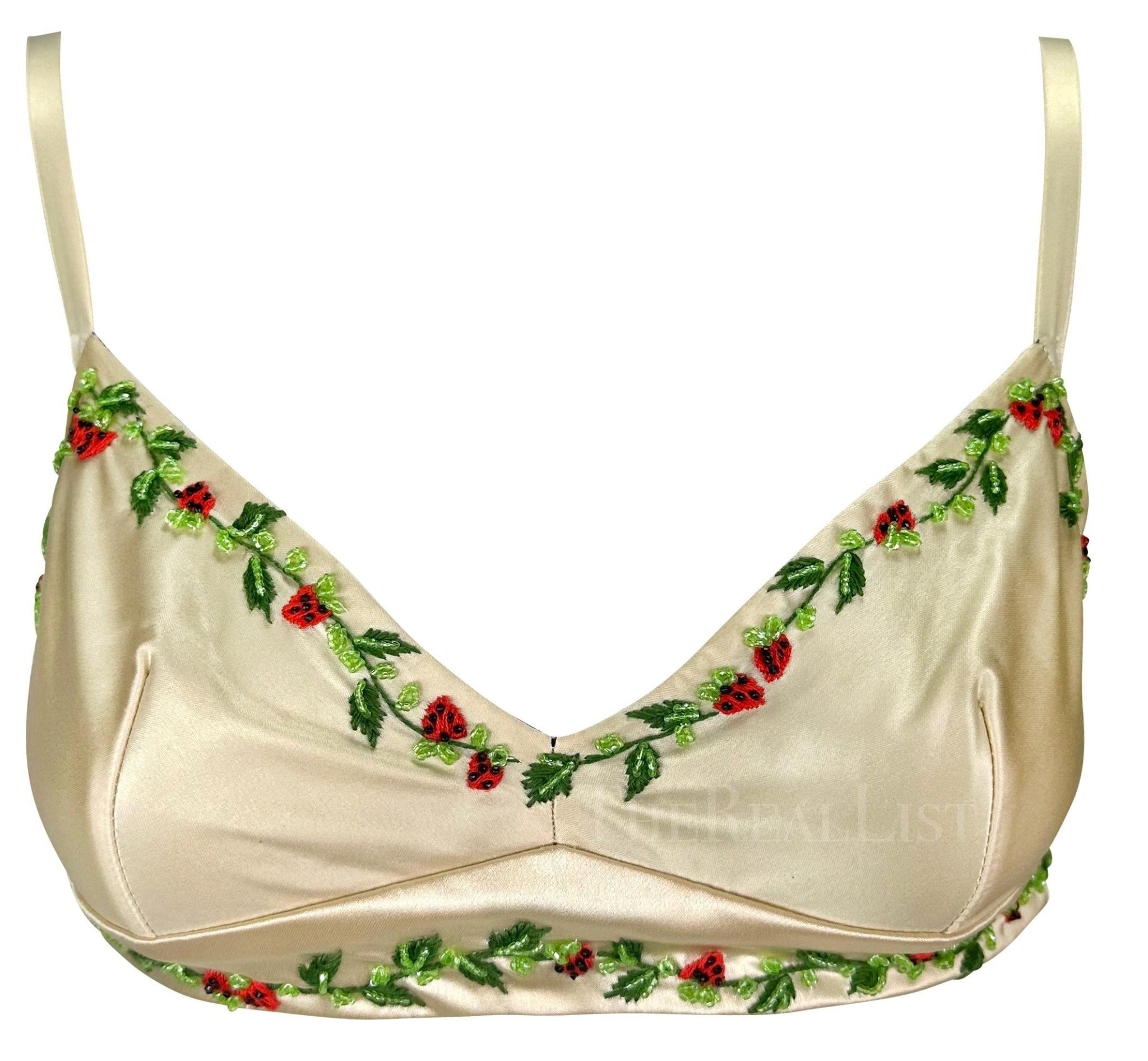 1990s Dolce & Gabbana Creme Satin Strawberry Embroidery Beaded Bralette Crop Top - RealList