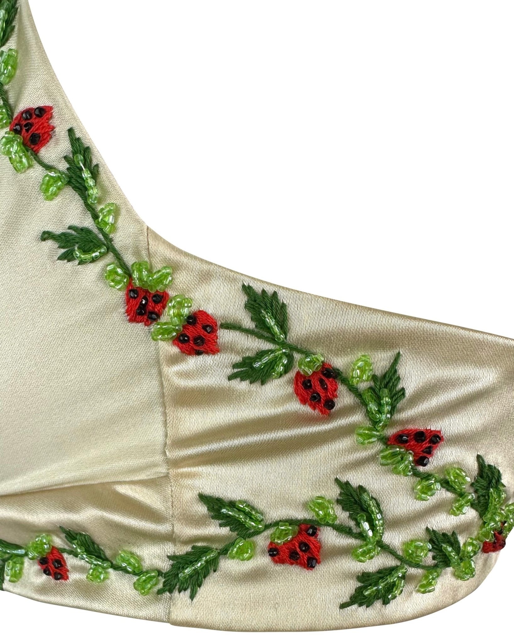 1990s Dolce & Gabbana Creme Satin Strawberry Embroidery Beaded Bralette Crop Top - RealList