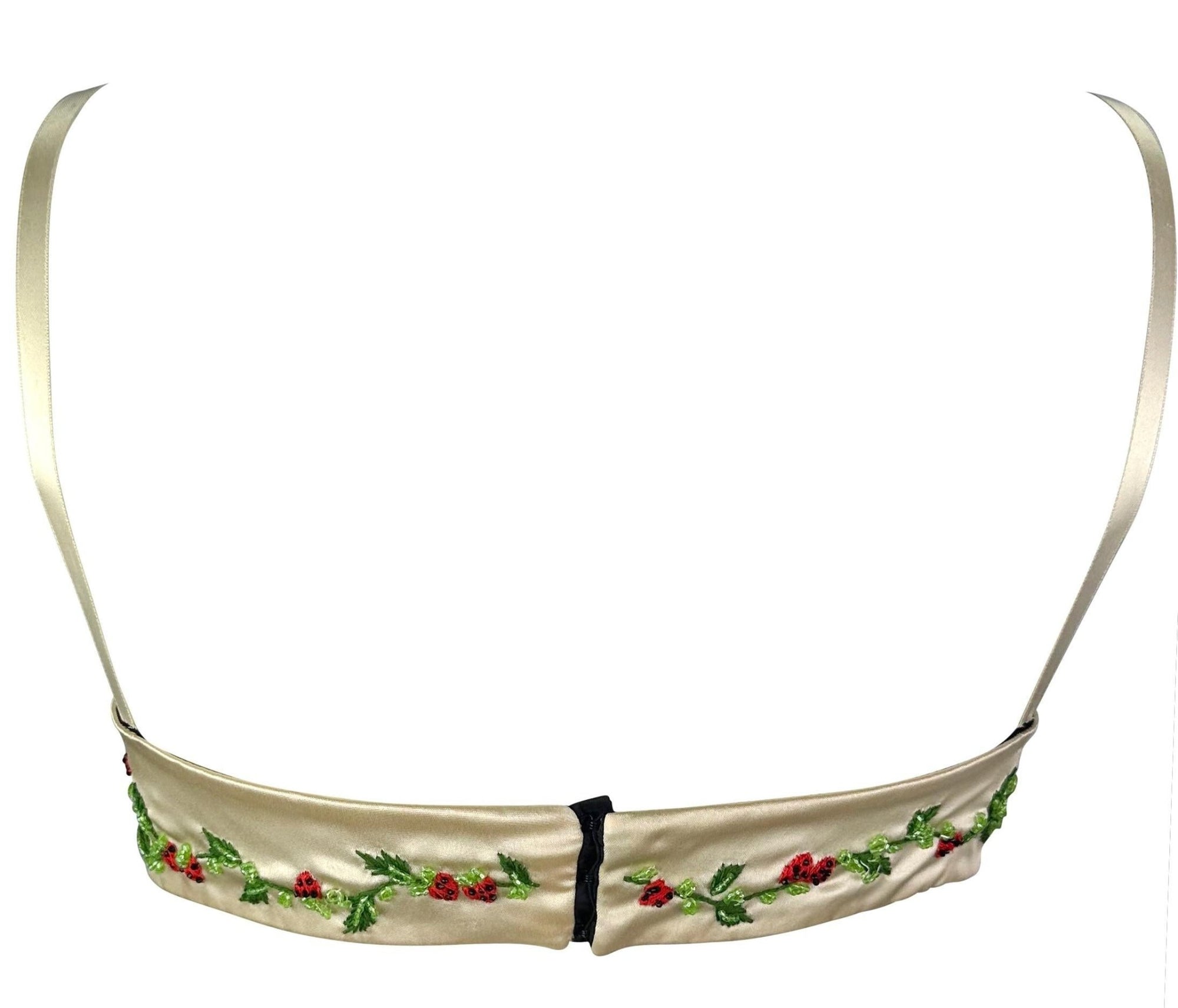 1990s Dolce & Gabbana Creme Satin Strawberry Embroidery Beaded Bralette Crop Top - RealList