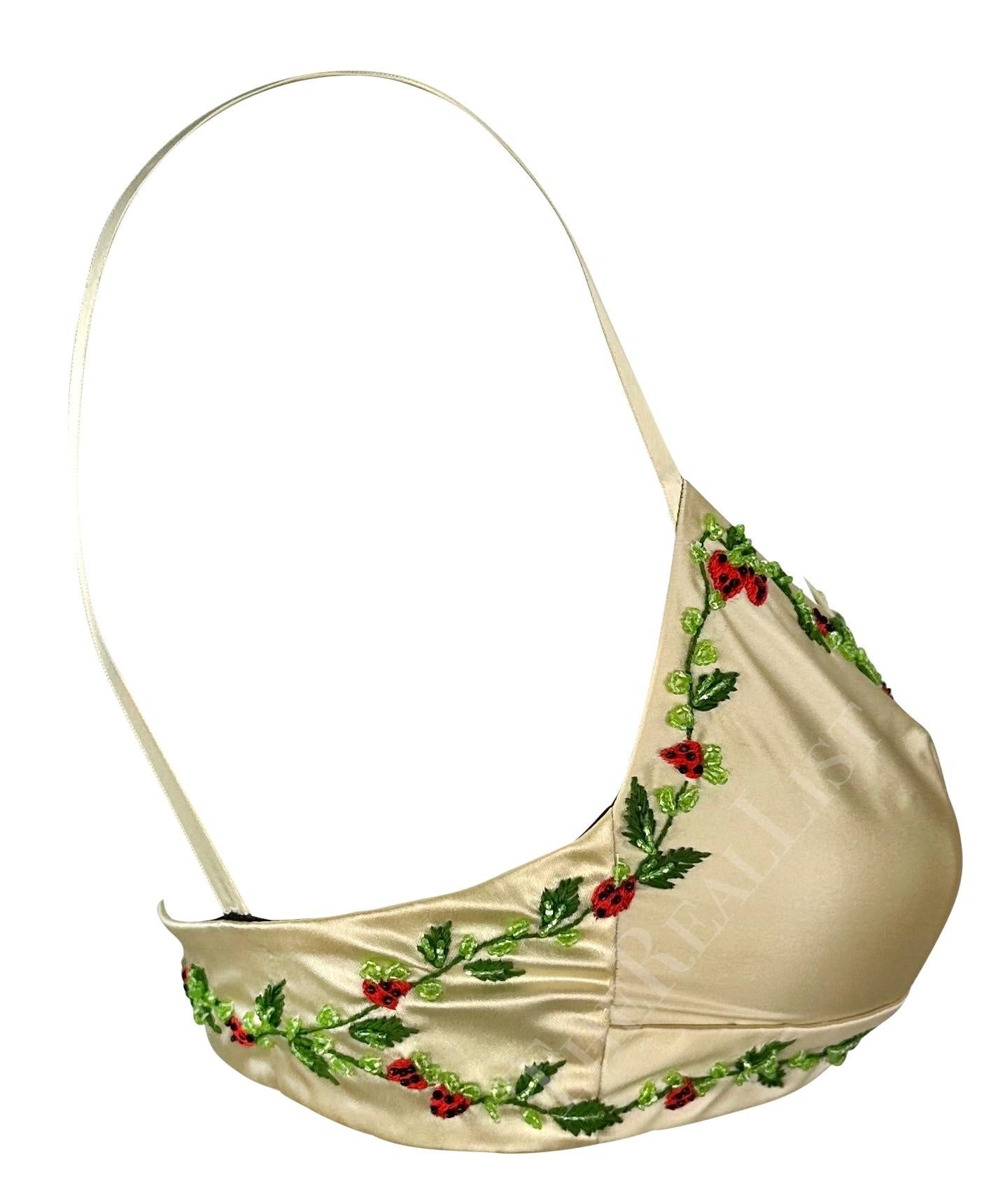 1990s Dolce & Gabbana Creme Satin Strawberry Embroidery Beaded Bralette Crop Top - RealList