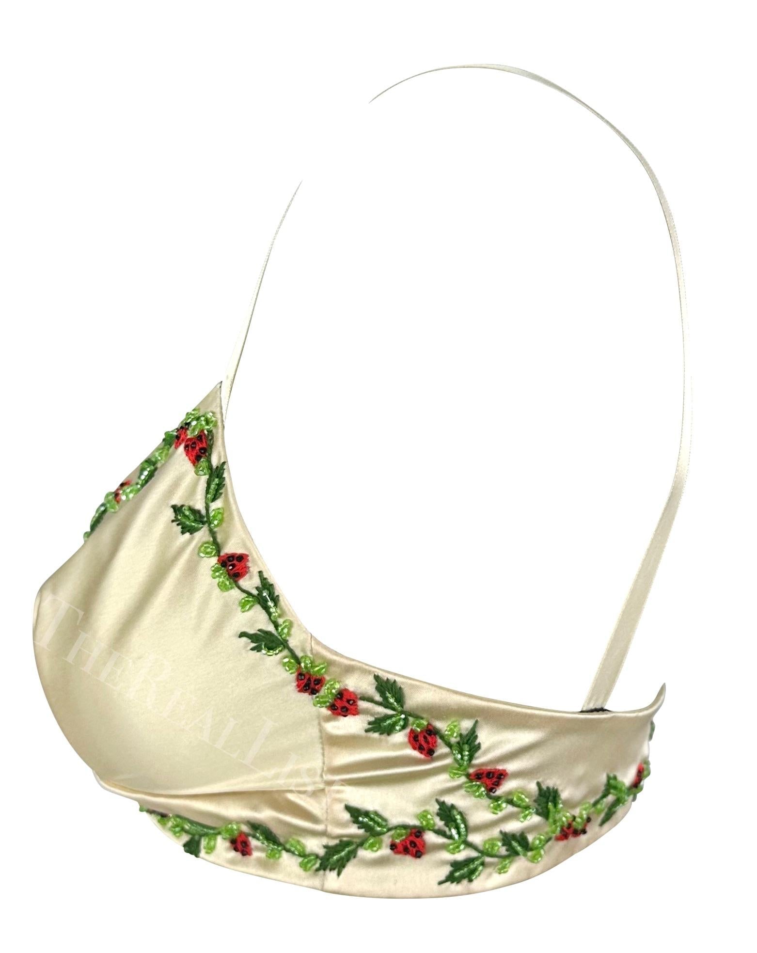 1990s Dolce & Gabbana Creme Satin Strawberry Embroidery Beaded Bralette Crop Top - RealList