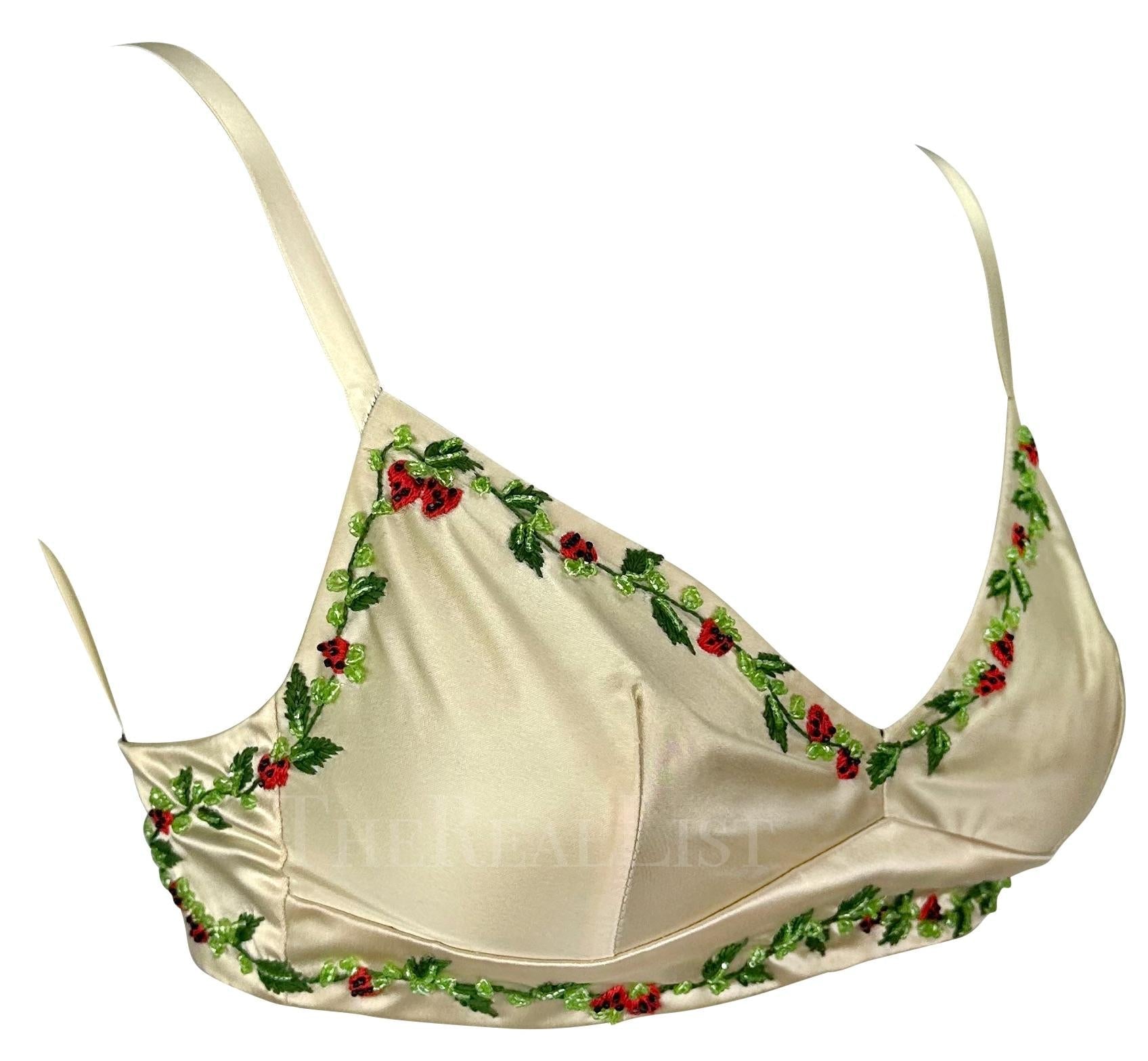1990s Dolce & Gabbana Creme Satin Strawberry Embroidery Beaded Bralette Crop Top - RealList