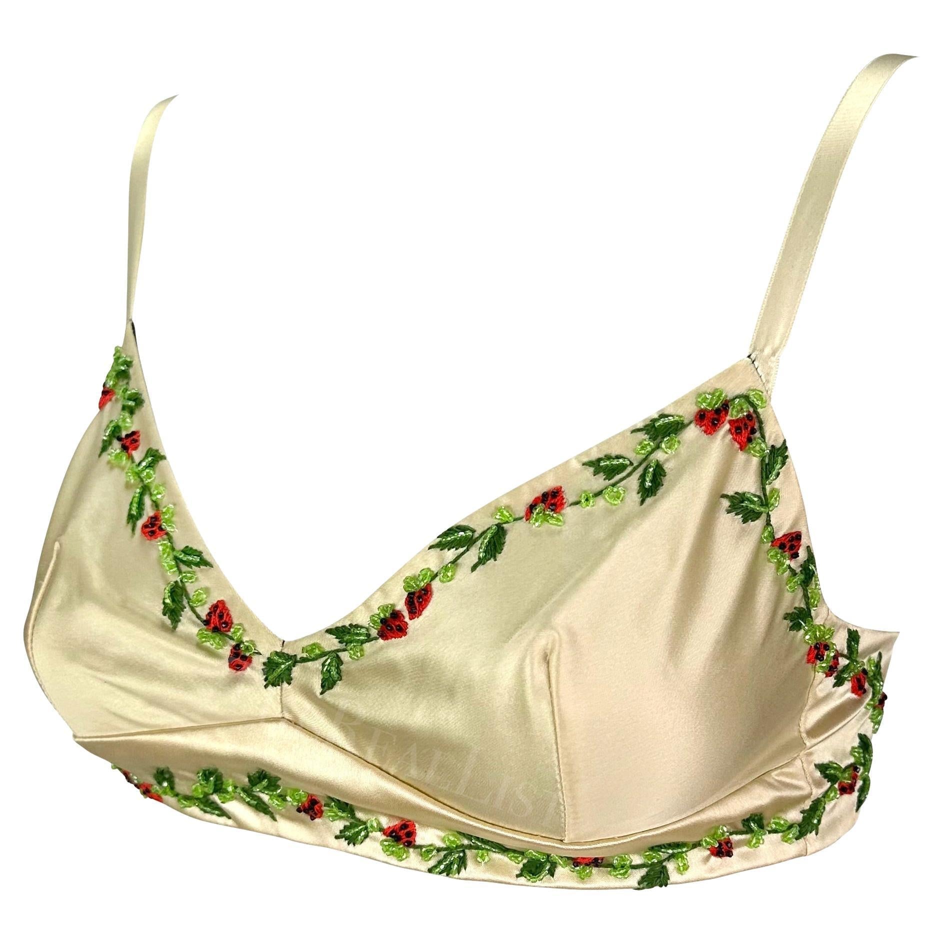 1990s Dolce & Gabbana Creme Satin Strawberry Embroidery Beaded Bralette Crop Top - RealList