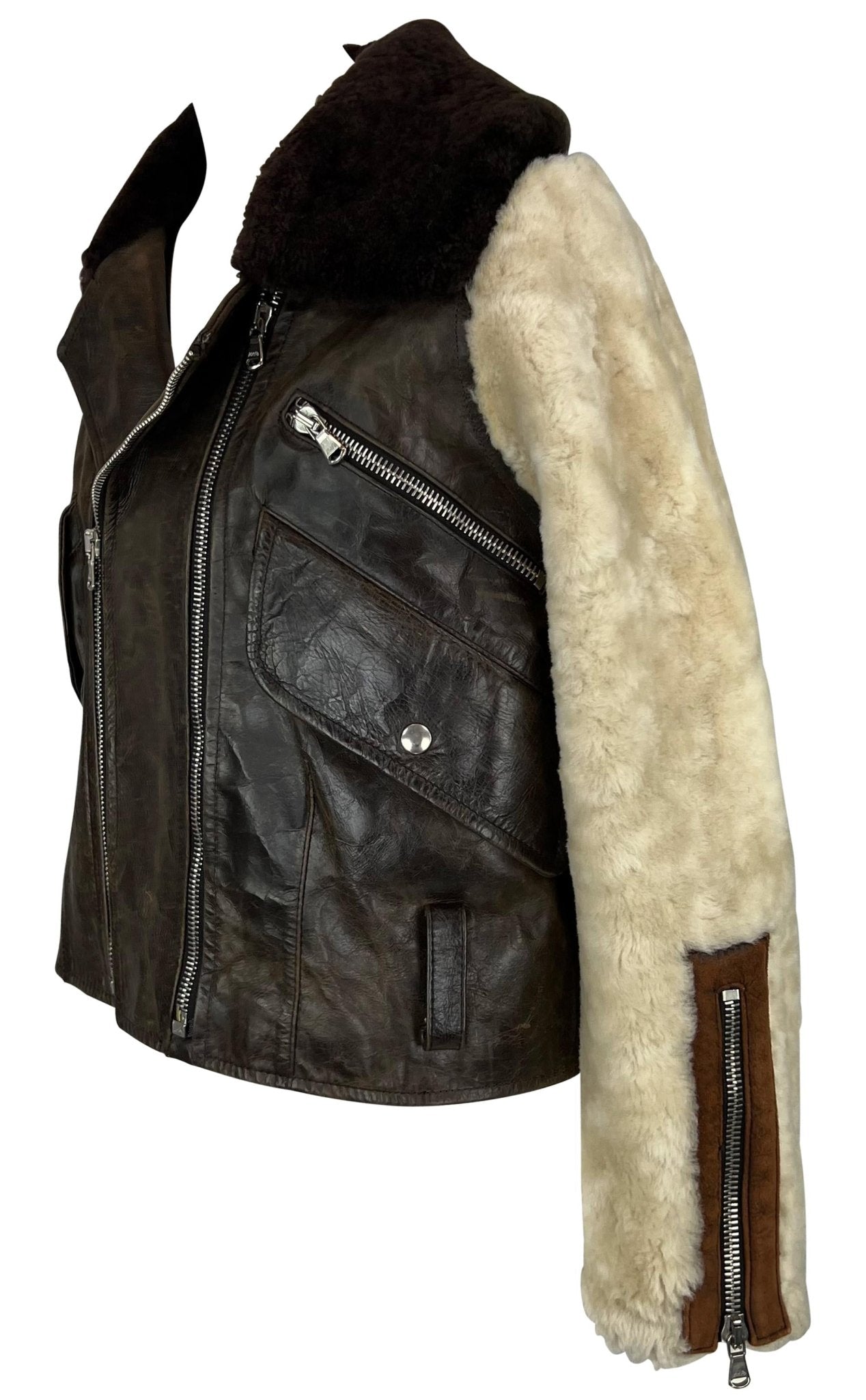 1990s Dolce & Gabbana Distressed Brown Leather Shearling Fur Aviator Moto Jacket - RealList