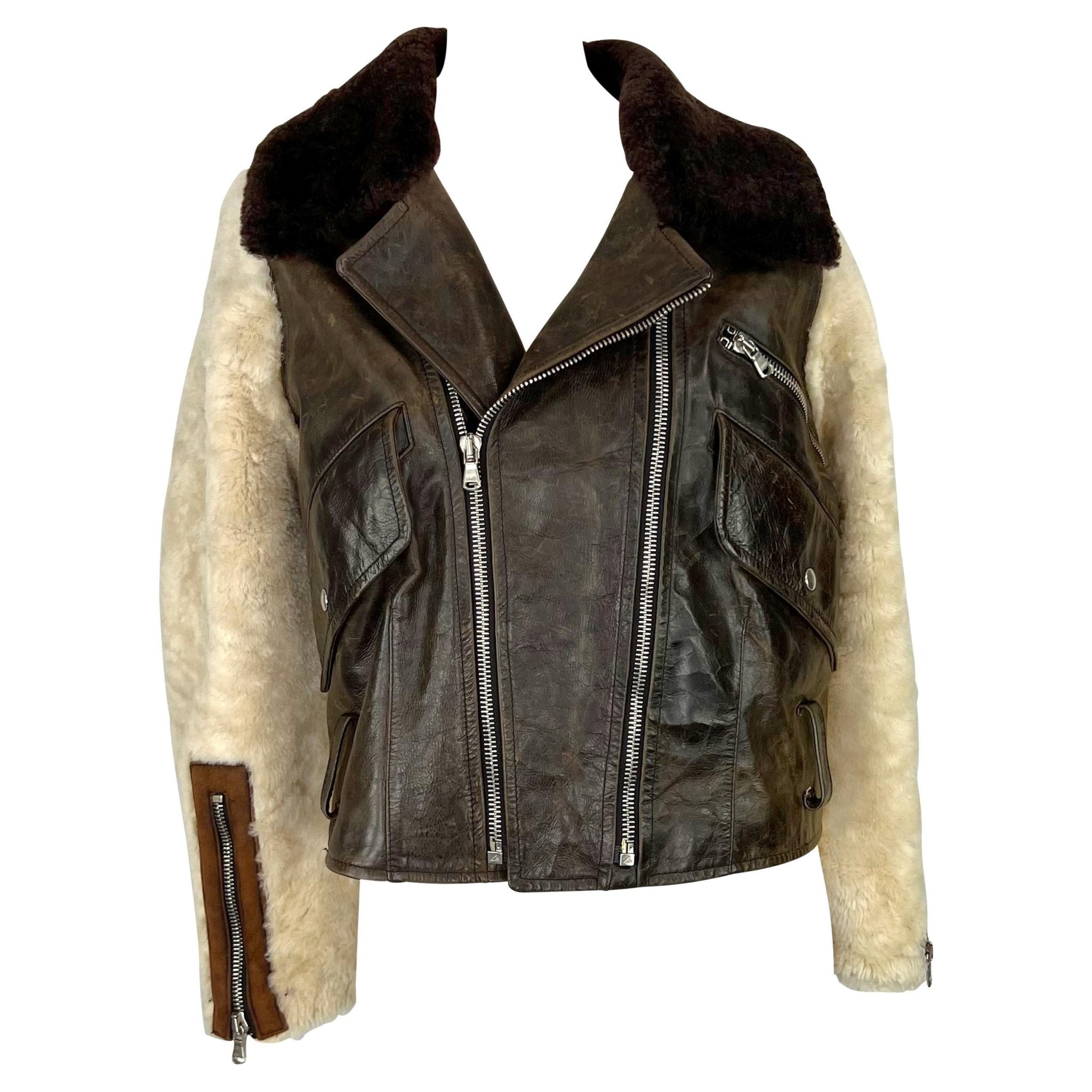 1990s Dolce & Gabbana Distressed Brown Leather Shearling Fur Aviator Moto Jacket - RealList
