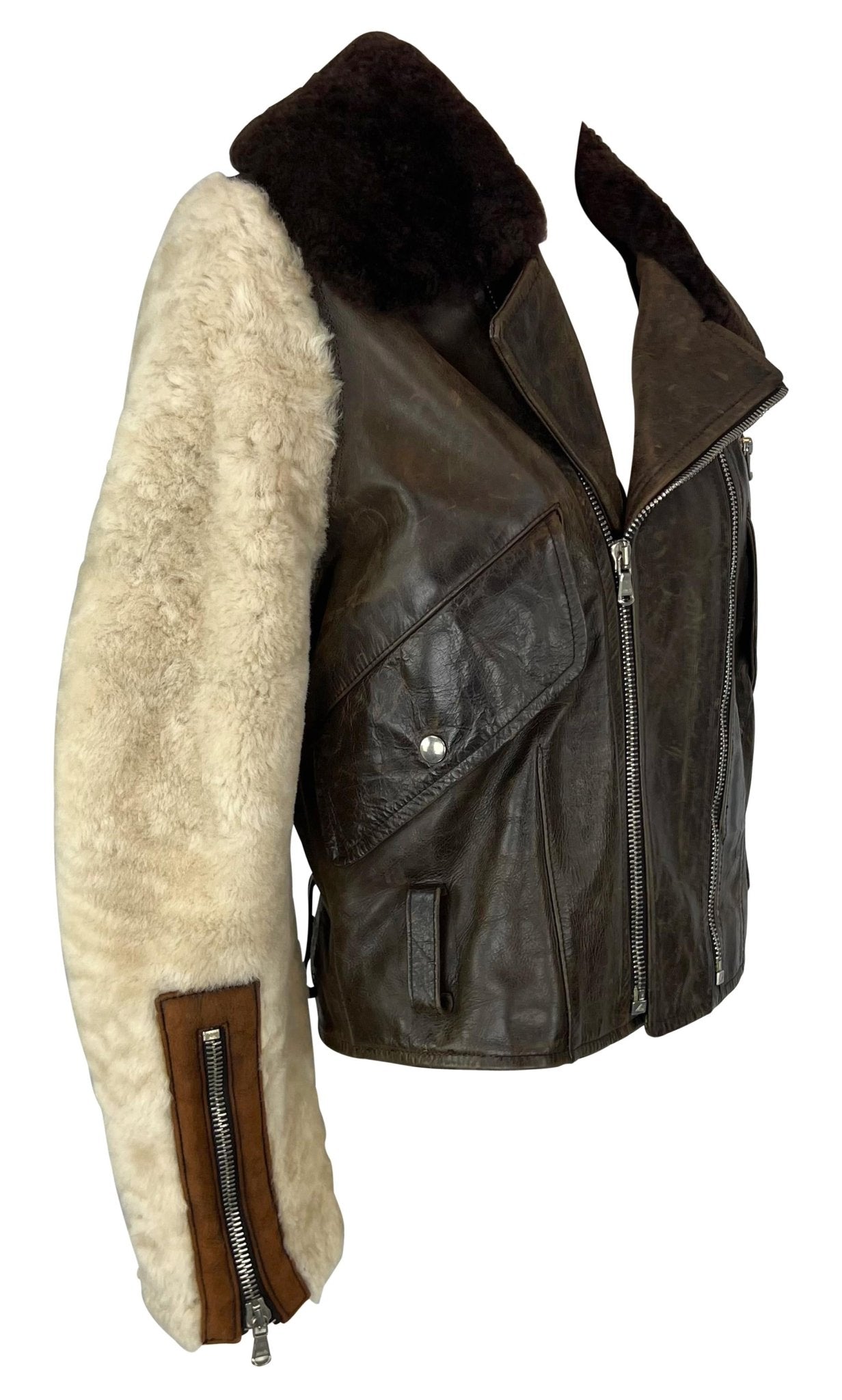 1990s Dolce & Gabbana Distressed Brown Leather Shearling Fur Aviator Moto Jacket - RealList
