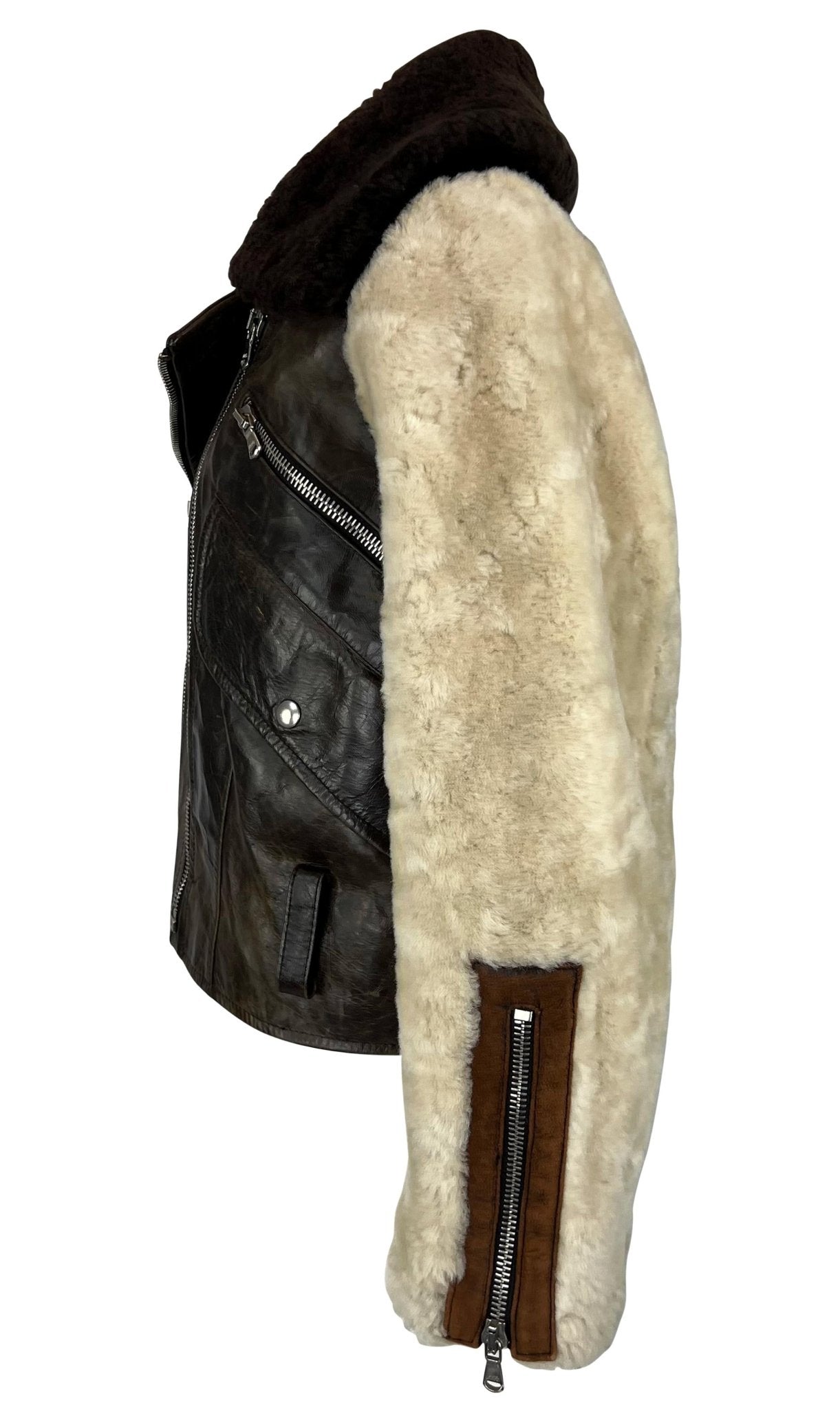 1990s Dolce & Gabbana Distressed Brown Leather Shearling Fur Aviator Moto Jacket - RealList