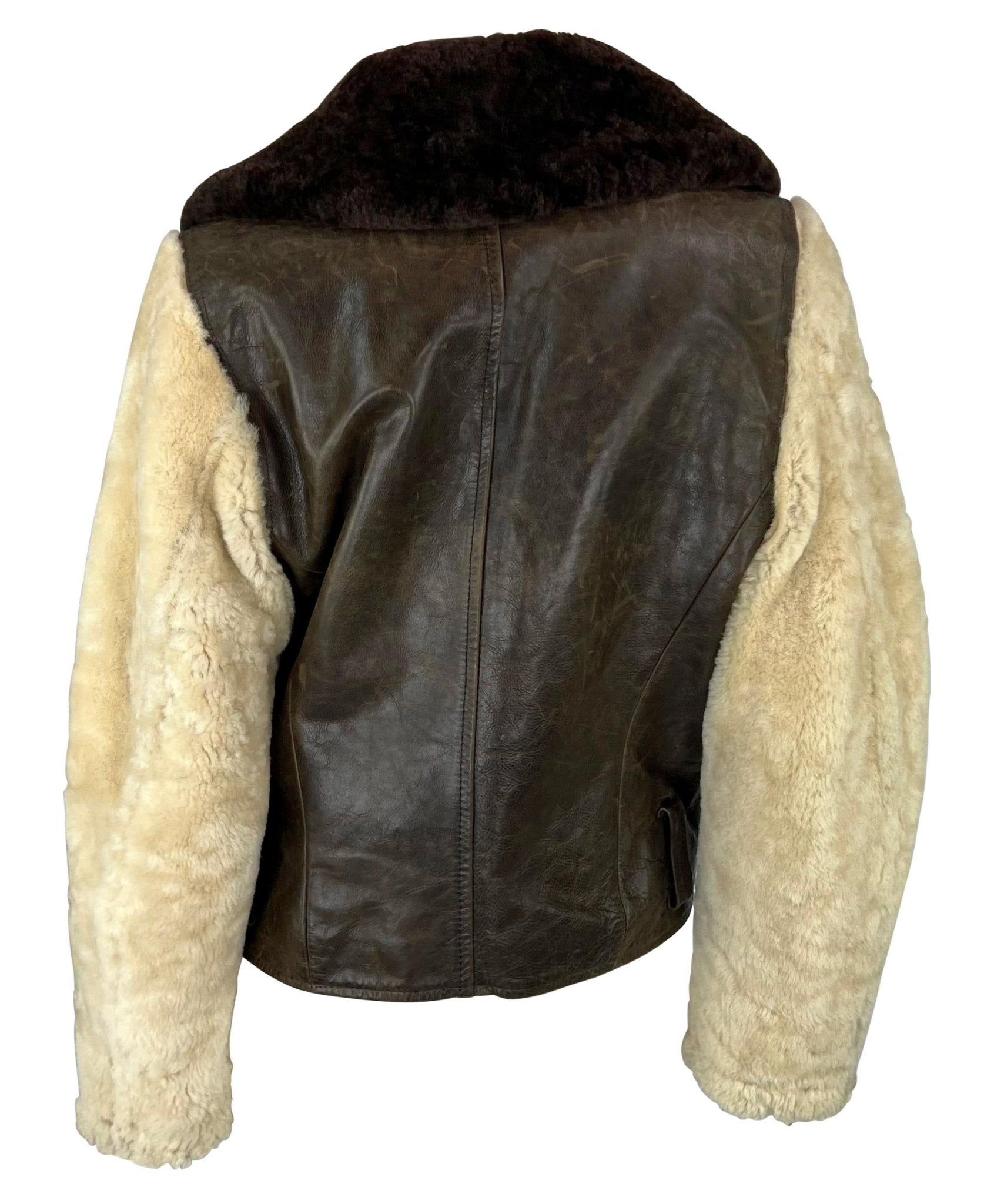 1990s Dolce & Gabbana Distressed Brown Leather Shearling Fur Aviator Moto Jacket - RealList