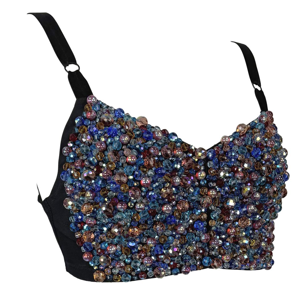 1990s Dolce & Gabbana Heavily Beaded Iridescent Bustier Bralette Crop Top - RealList