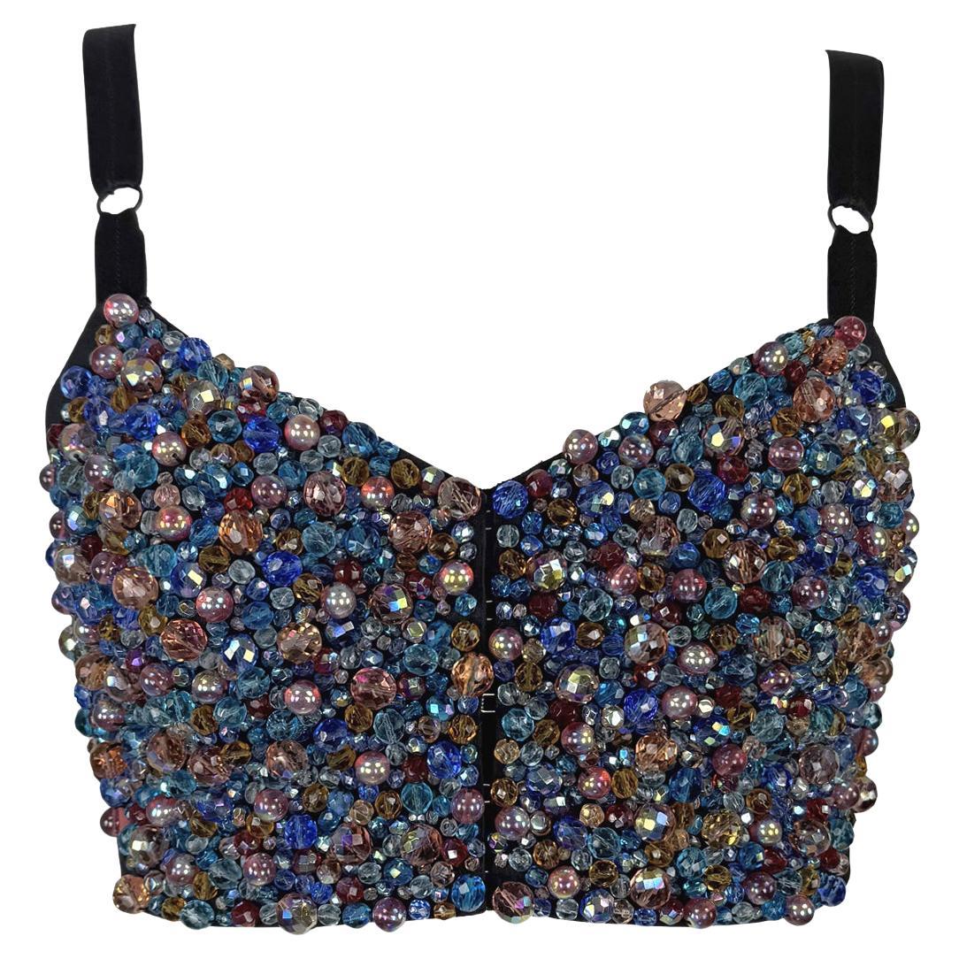 1990s Dolce & Gabbana Heavily Beaded Iridescent Bustier Bralette Crop Top - RealList