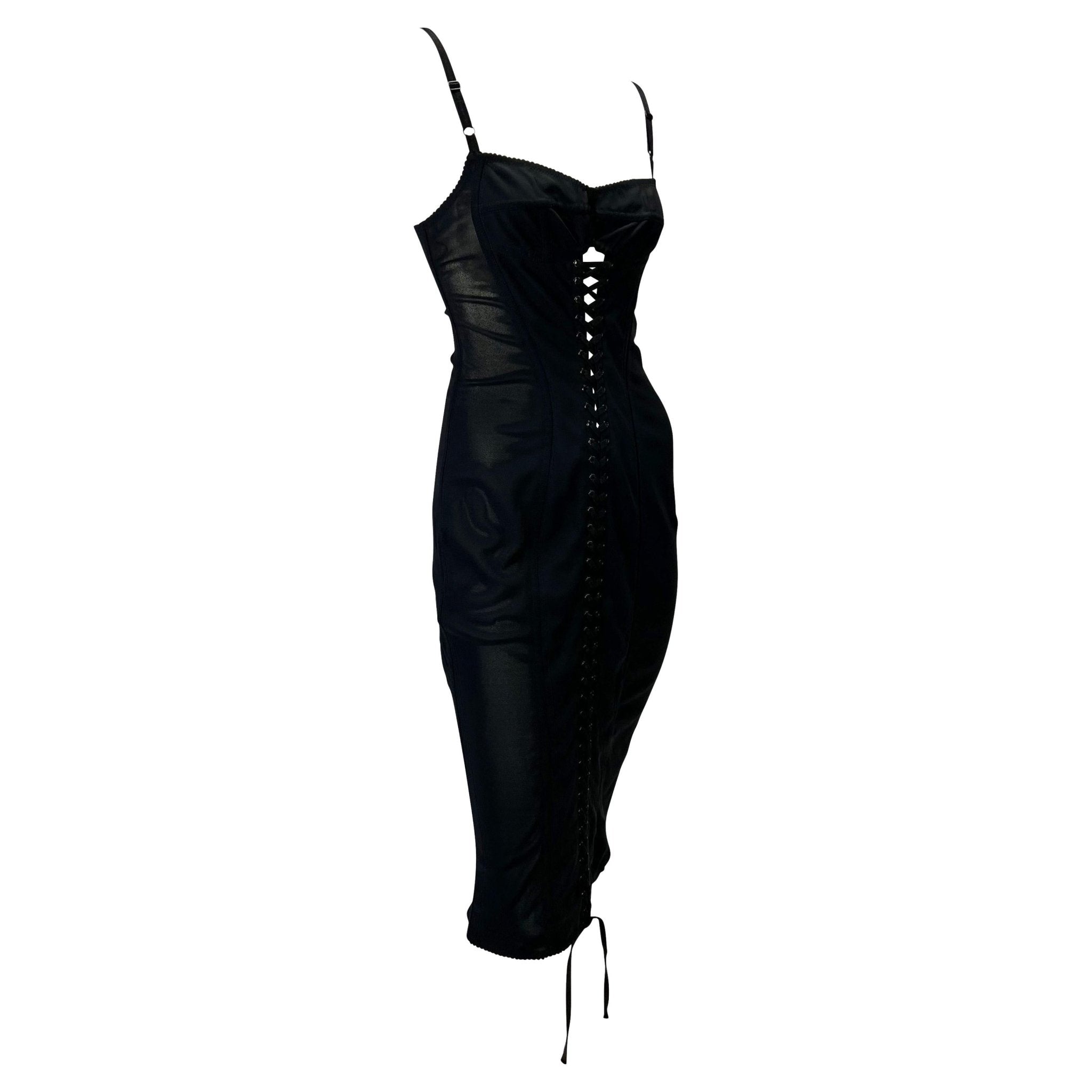 1990s Dolce & Gabbana Lace - Up Sheer Bustier Black Corset Dress - RealList