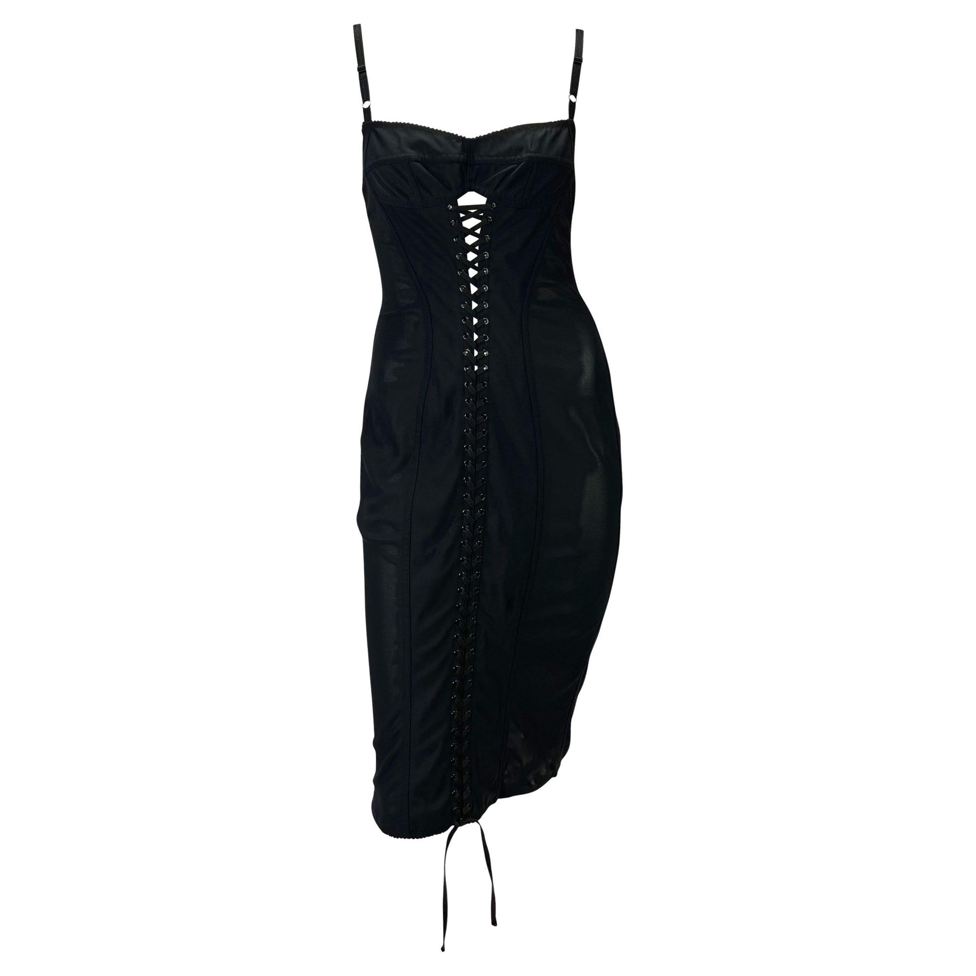 1990s Dolce & Gabbana Lace - Up Sheer Bustier Black Corset Dress - RealList