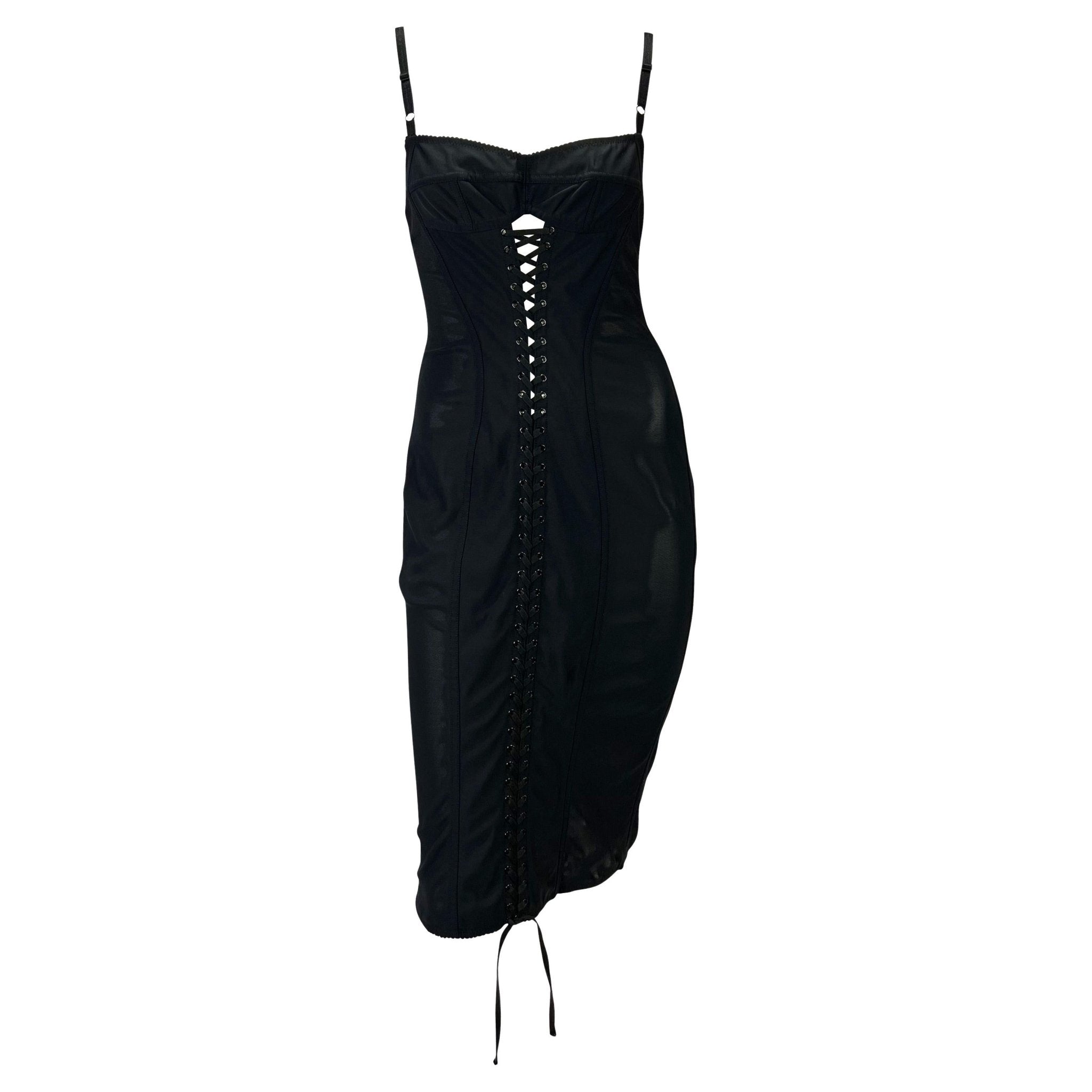 1990s Dolce & Gabbana Lace - Up Sheer Bustier Black Corset Dress - RealList
