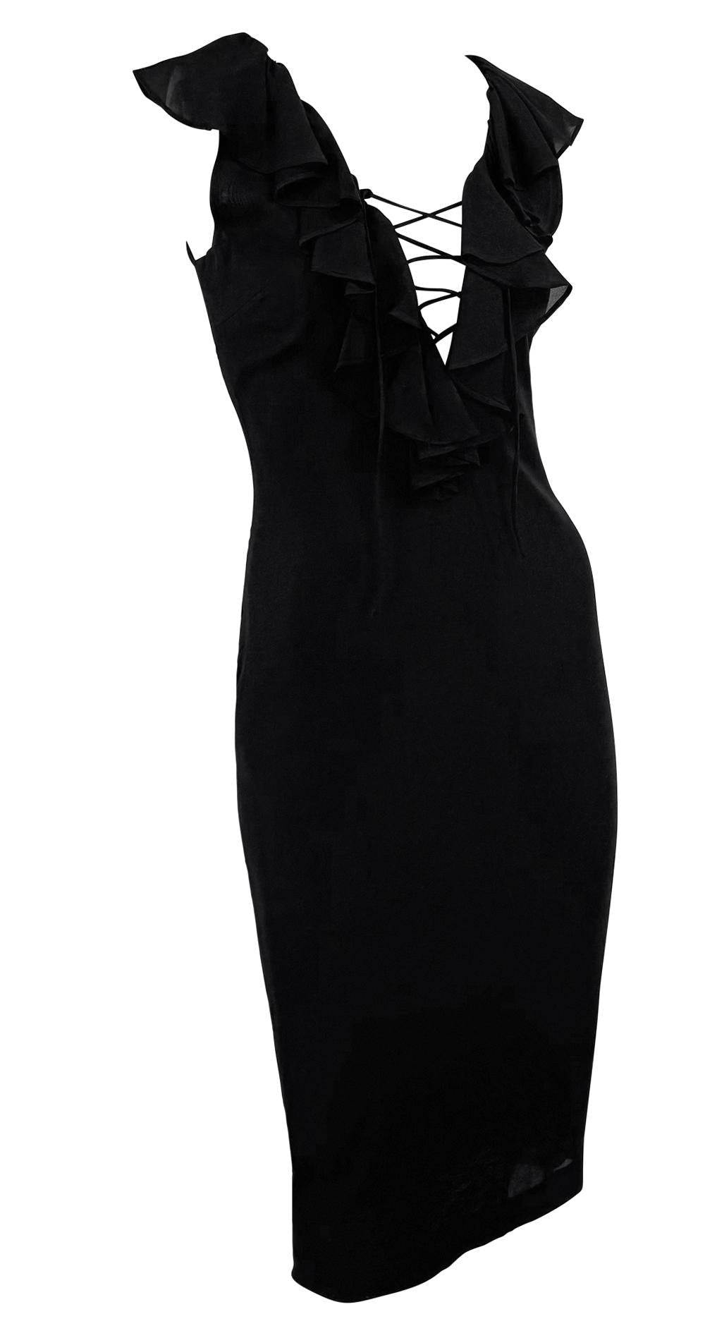 1990s Dolce & Gabbana Plunging Lace - Up Black Bodycon Ruffle Cocktail Dress - RealList