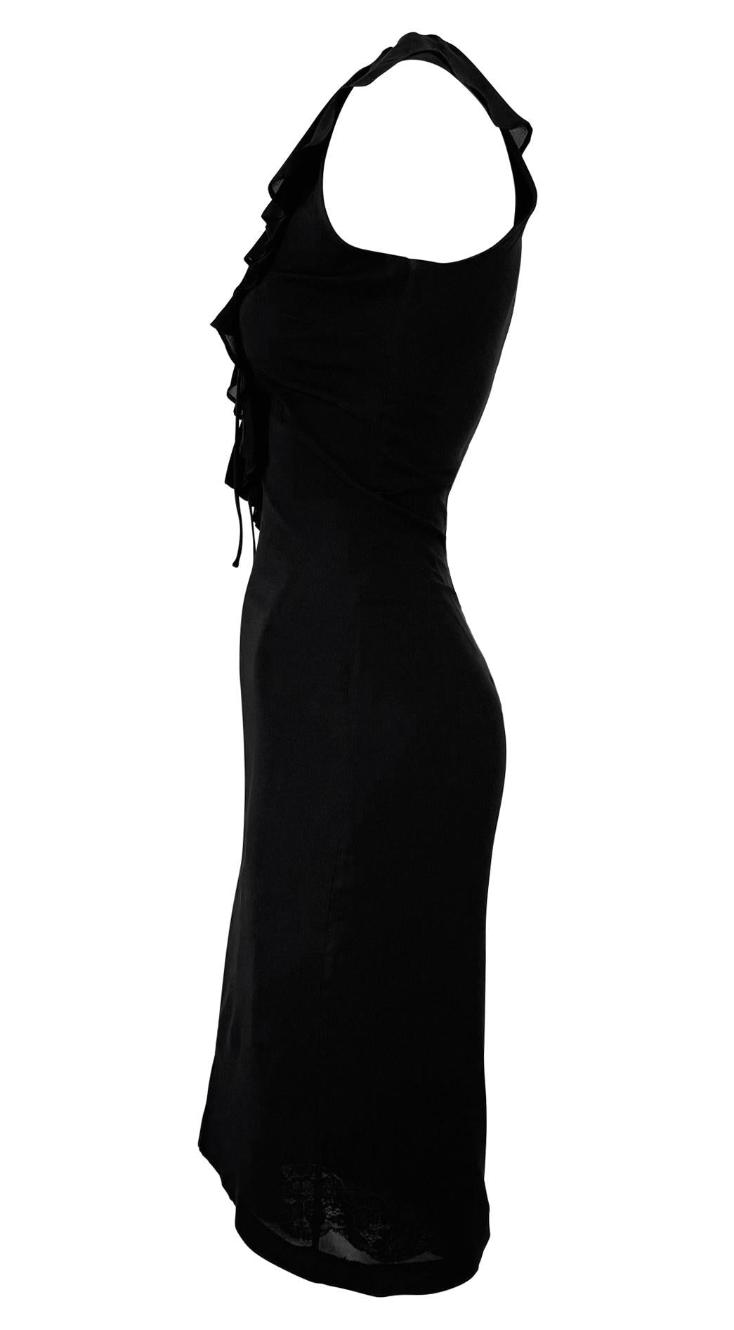 1990s Dolce & Gabbana Plunging Lace - Up Black Bodycon Ruffle Cocktail Dress - RealList