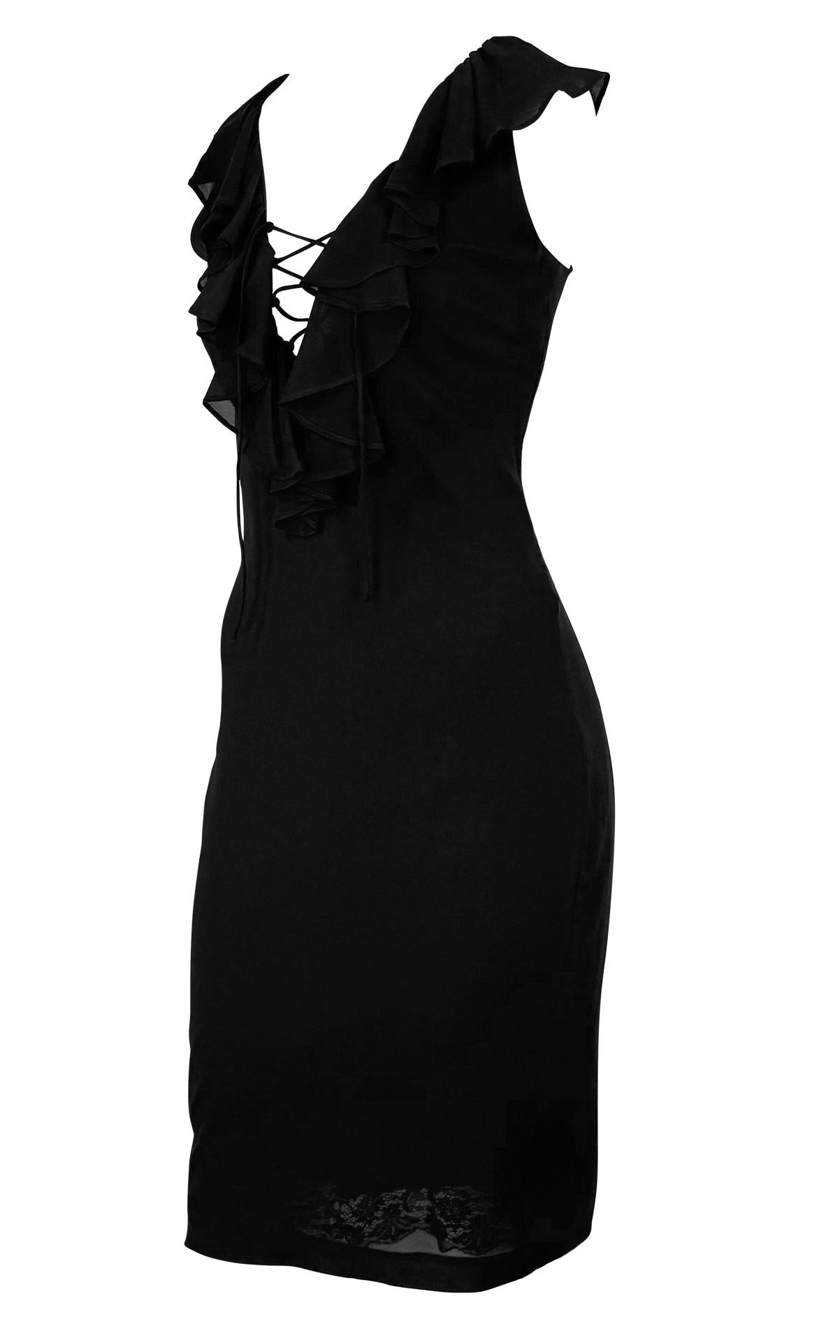 1990s Dolce & Gabbana Plunging Lace - Up Black Bodycon Ruffle Cocktail Dress - RealList
