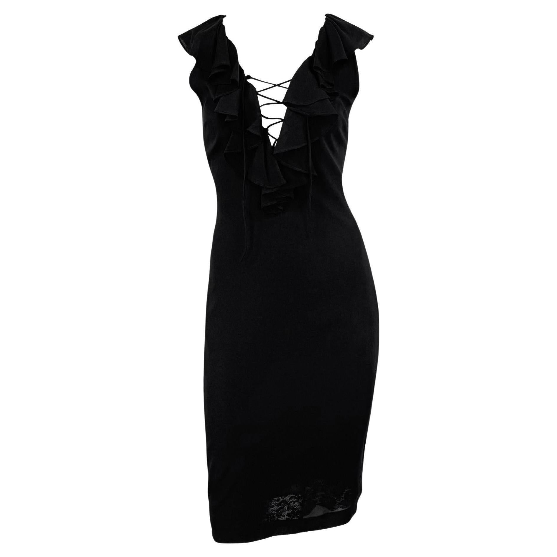 1990s Dolce & Gabbana Plunging Lace - Up Black Bodycon Ruffle Cocktail Dress - RealList