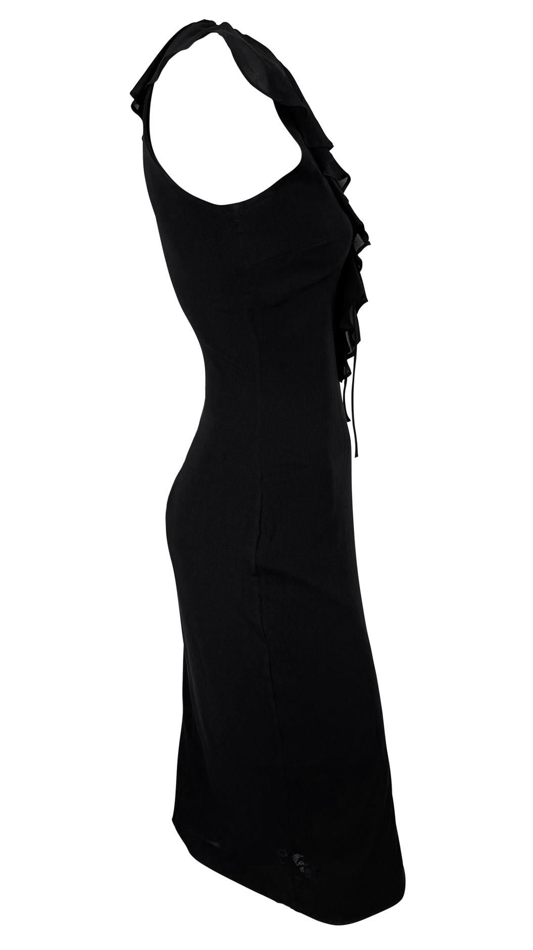 1990s Dolce & Gabbana Plunging Lace - Up Black Bodycon Ruffle Cocktail Dress - RealList