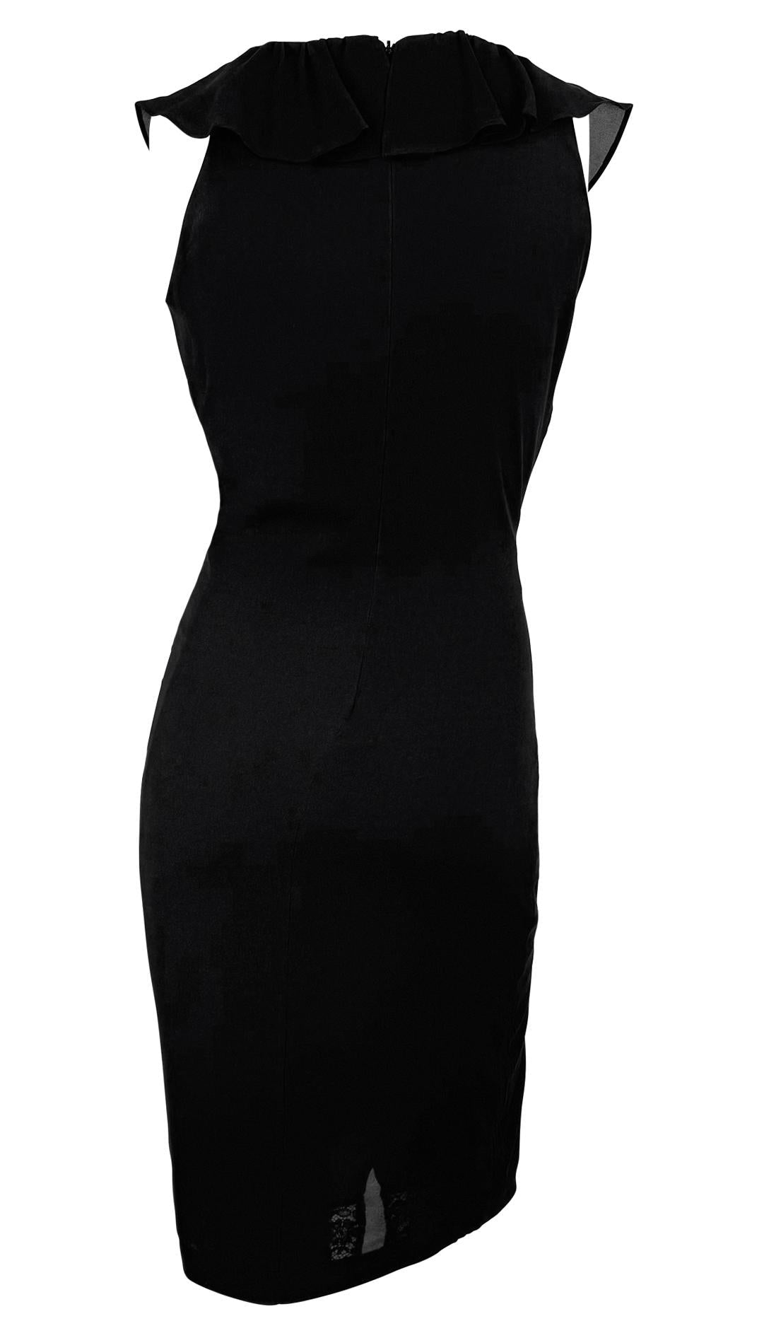 1990s Dolce & Gabbana Plunging Lace - Up Black Bodycon Ruffle Cocktail Dress - RealList