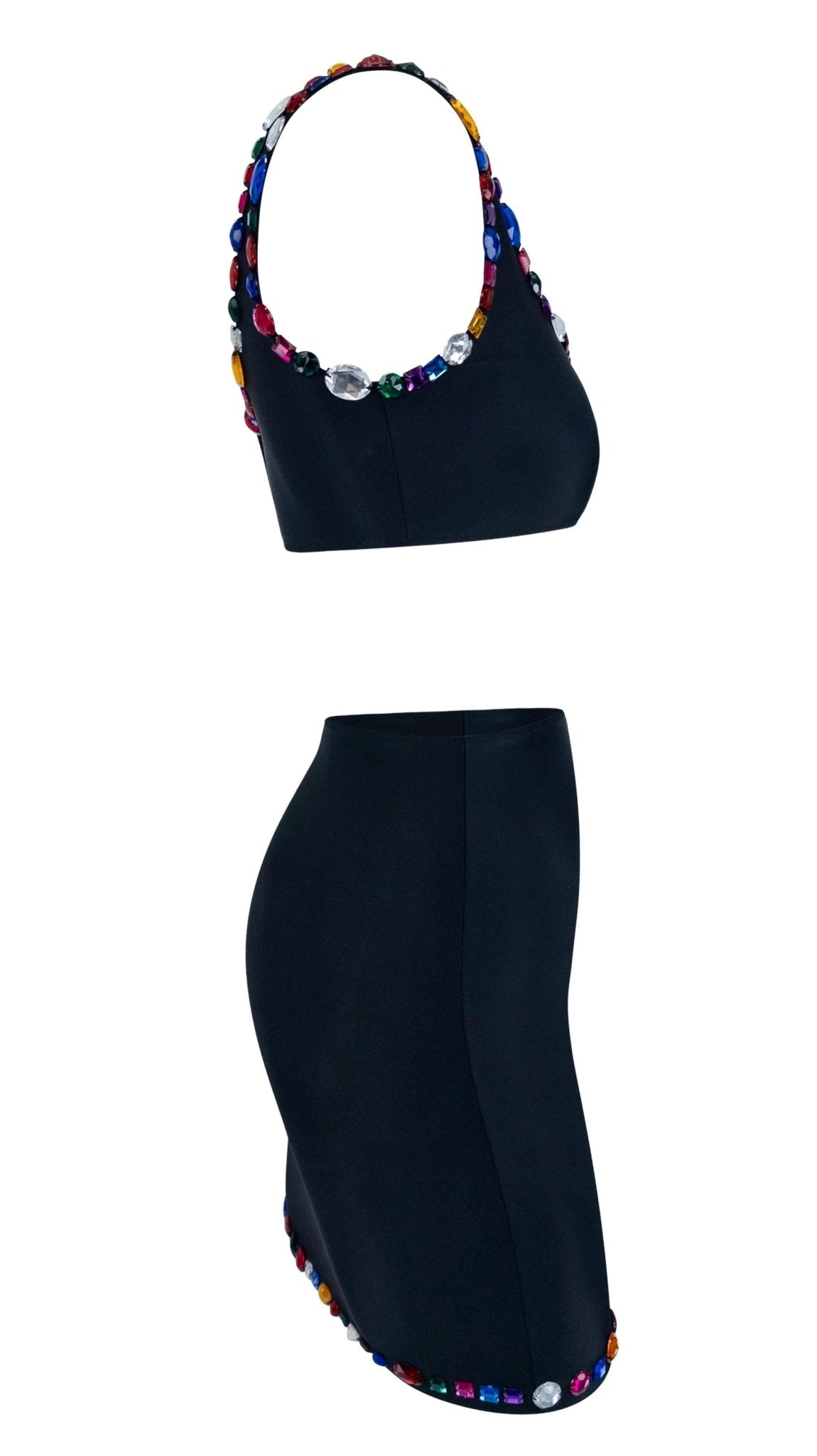 1990s Dolce & Gabbana Rhinestone Multicolor Jeweled Black Swim Skirt Set - RealList